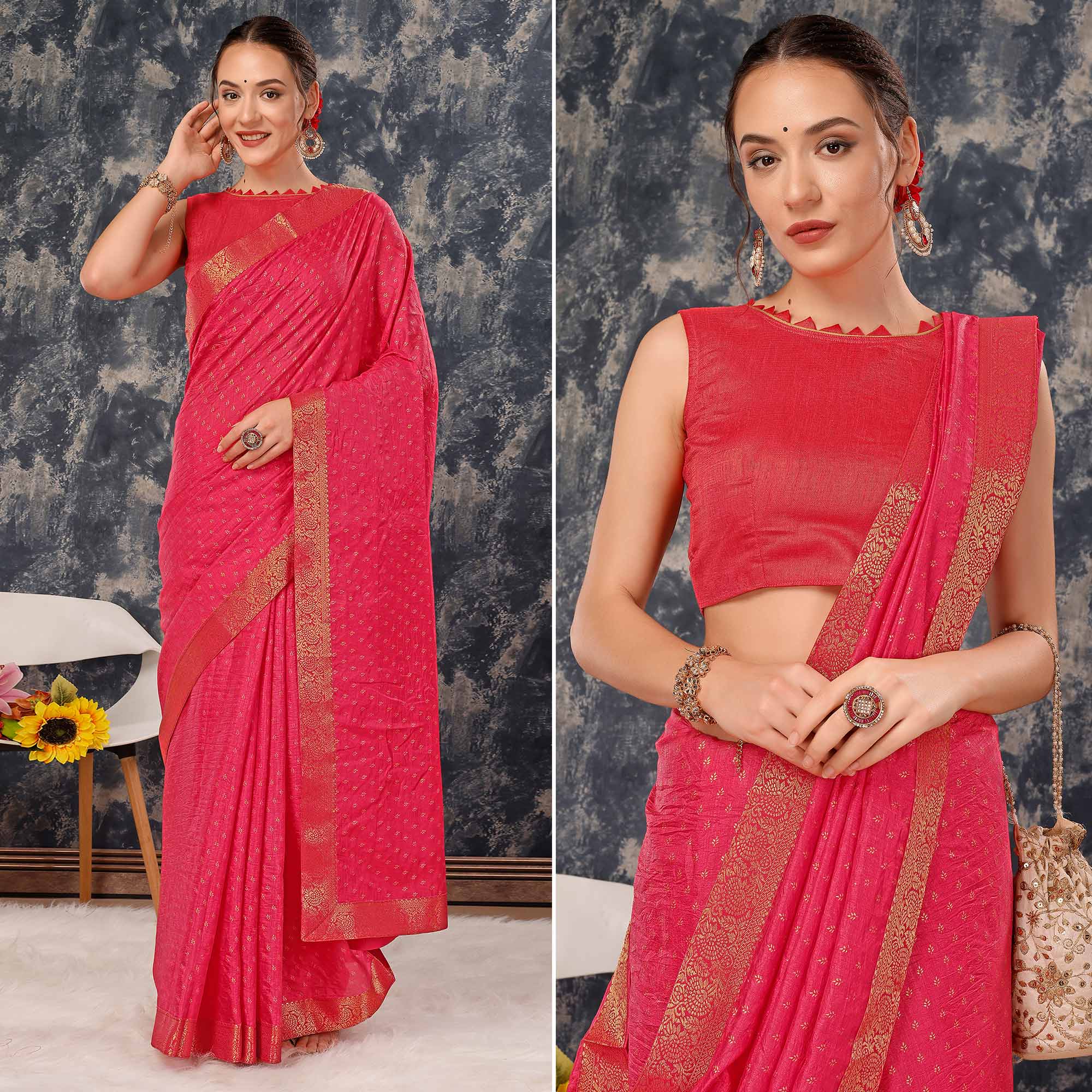 Pink Floral Foil Printed Vichitra Silk Saree With Lace Border