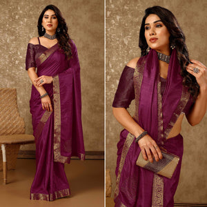 Purple Floral Swarovski Work Vichitra Silk Saree With Lace Border