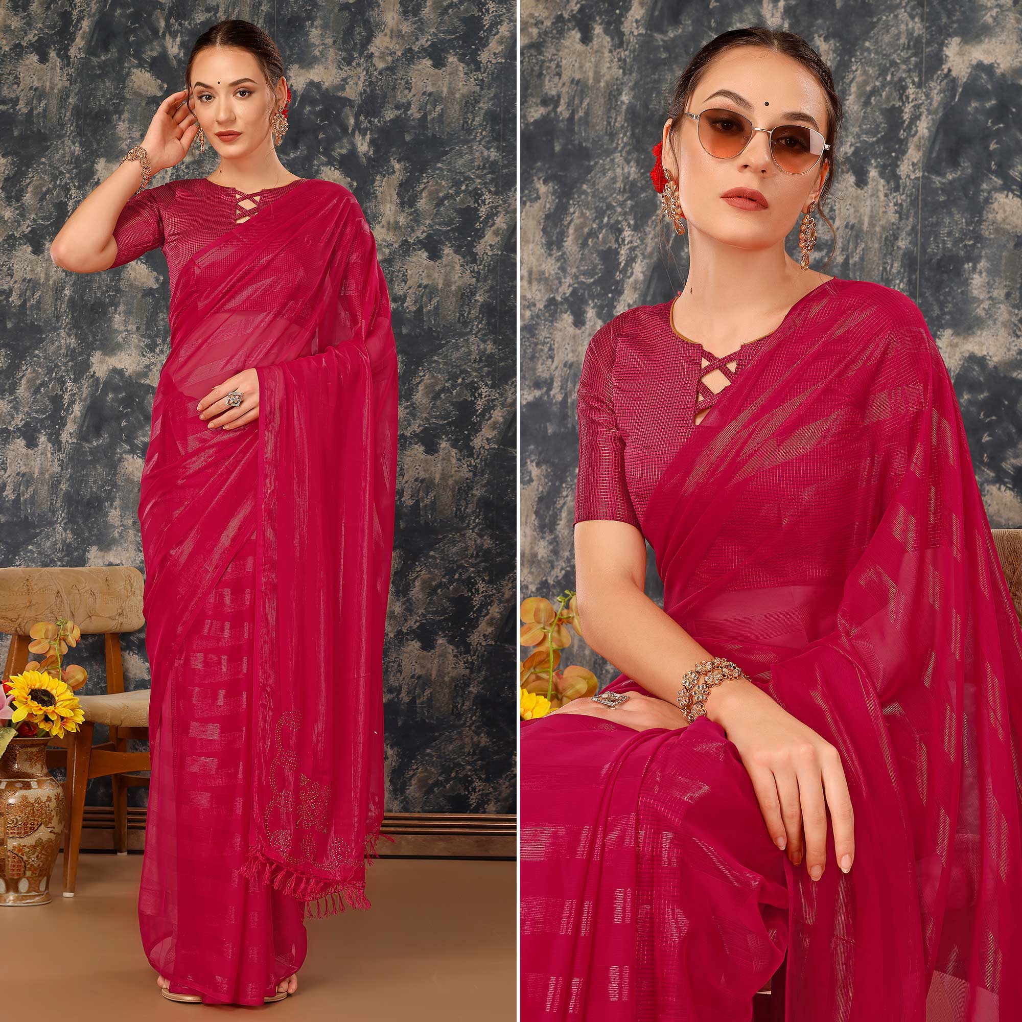 Rani Pink Swarovski Work Chiffon Saree With Tassels