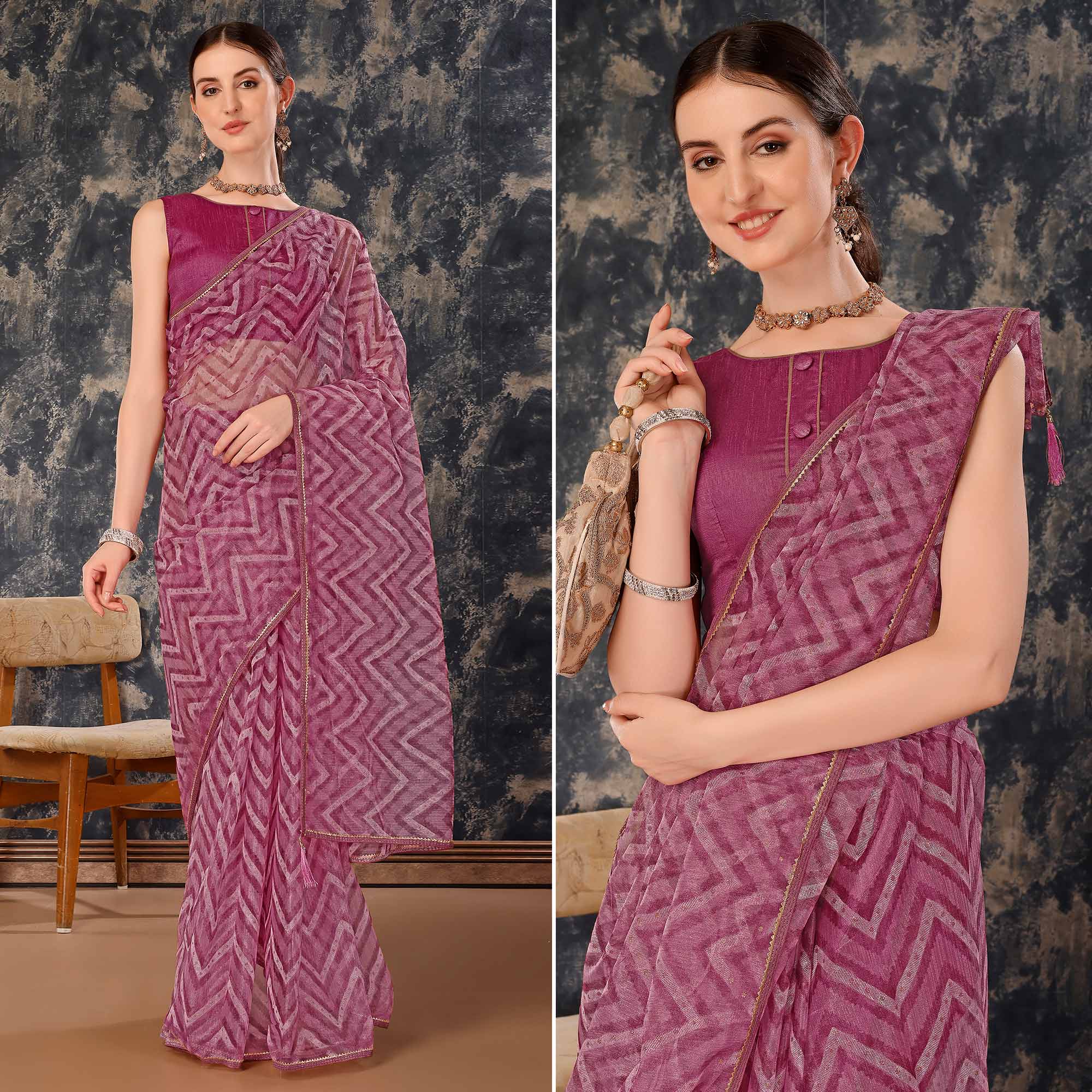 Purple Printed With Zari Work Cotton Silk Saree With Lace Border