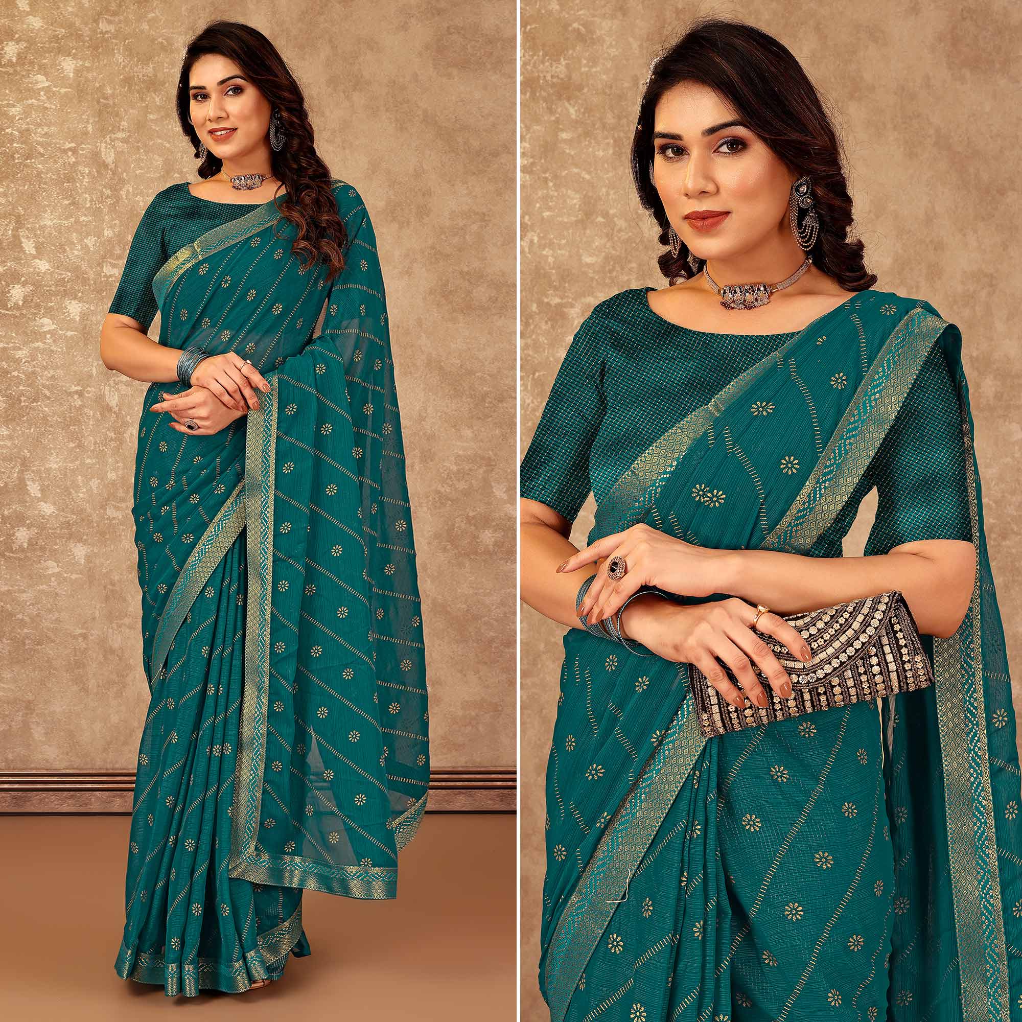 Teal Floral Foil Printed Chiffon Saree With Lace Border