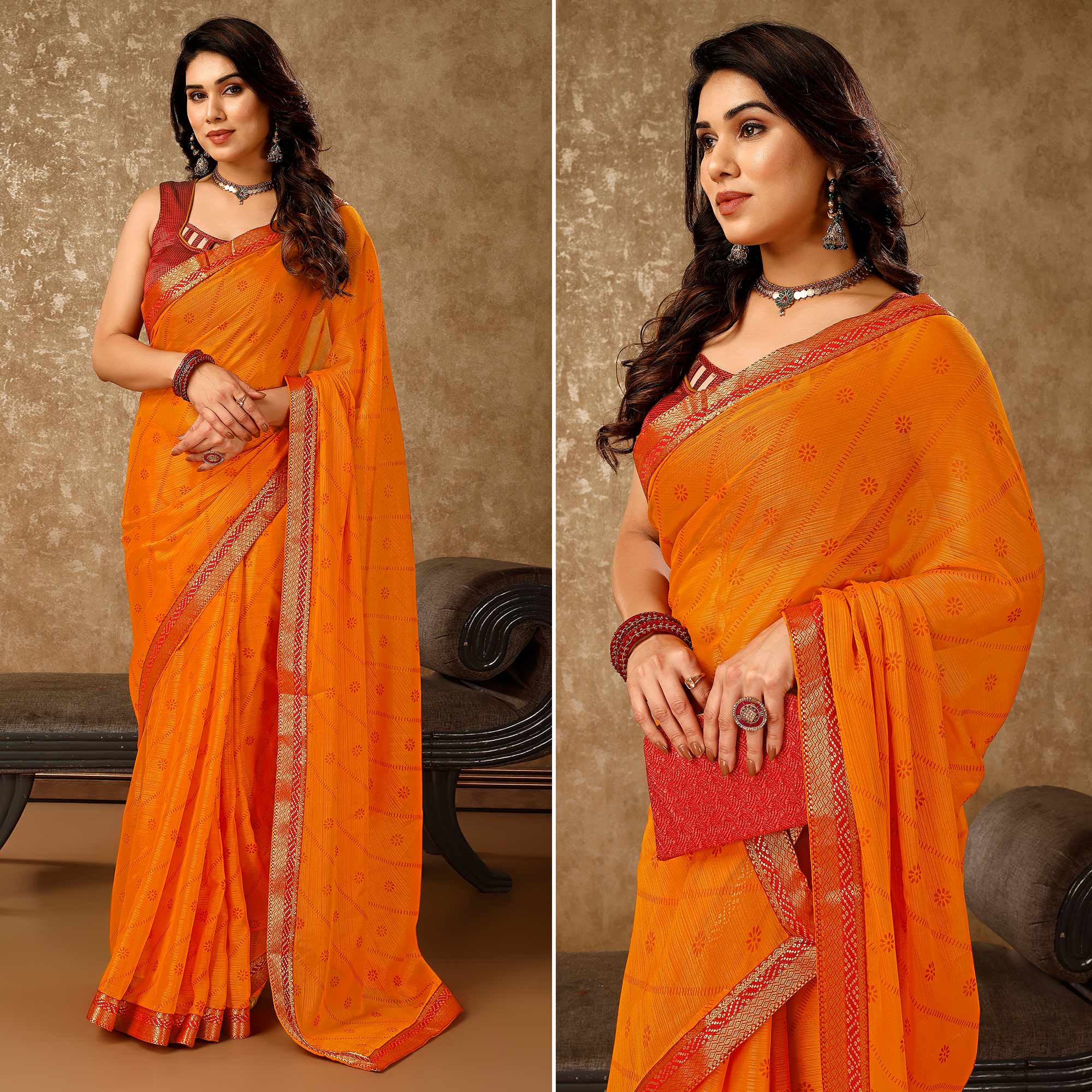 Orange Floral Foil Printed Chiffon Saree With Lace Border