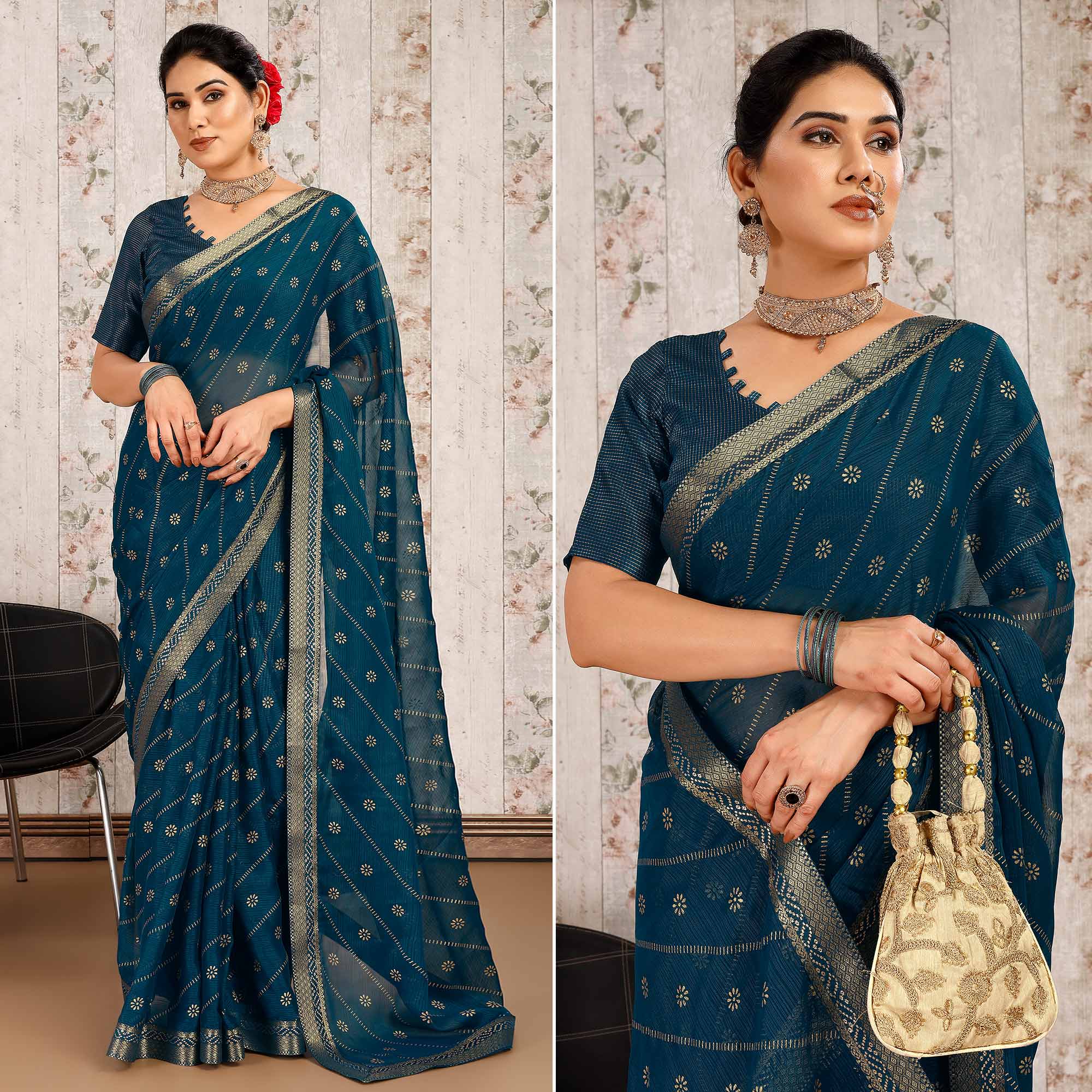 Blue Floral Foil Printed Chiffon Saree With Lace Border