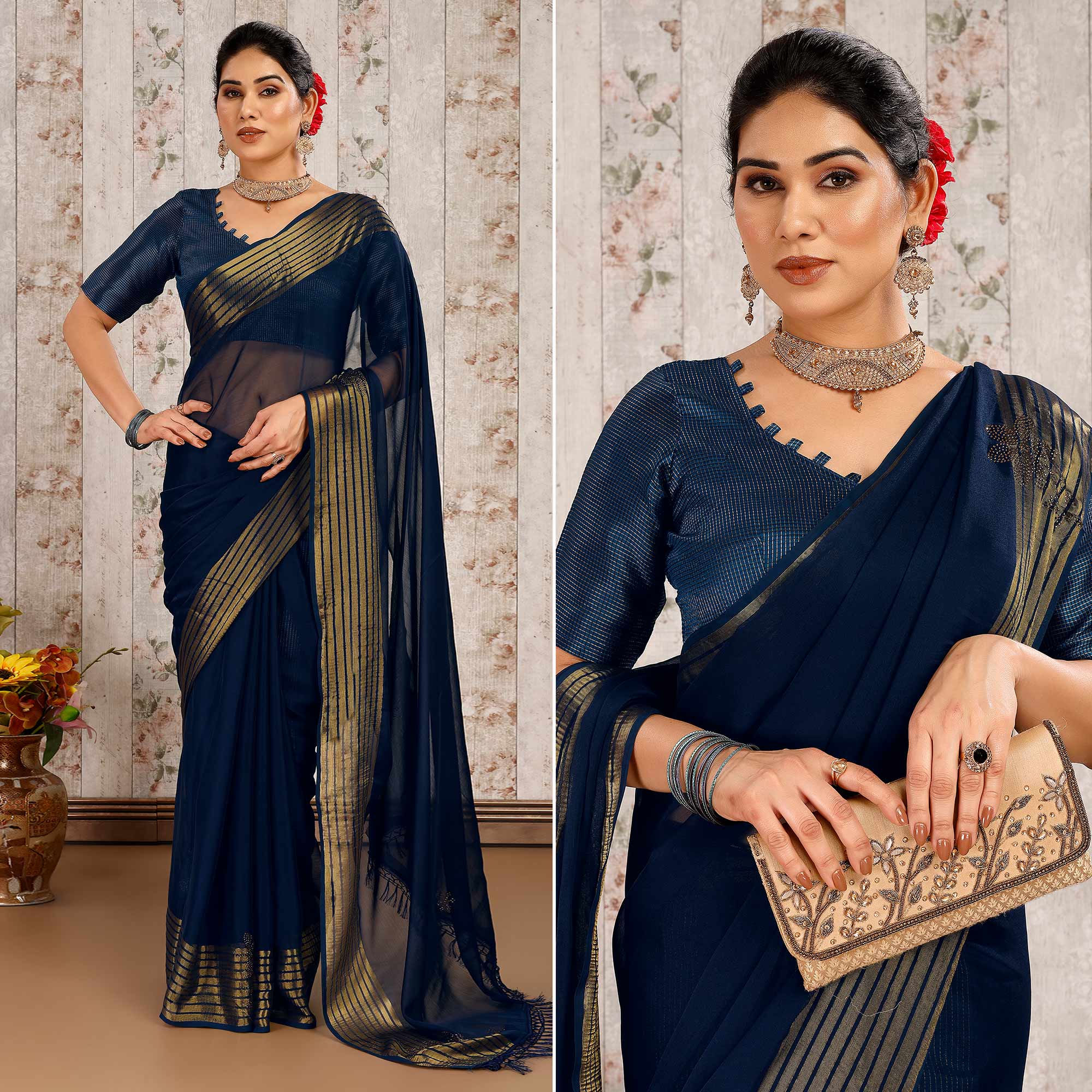 Blue Swarovski Work Chiffon Saree With Woven Border