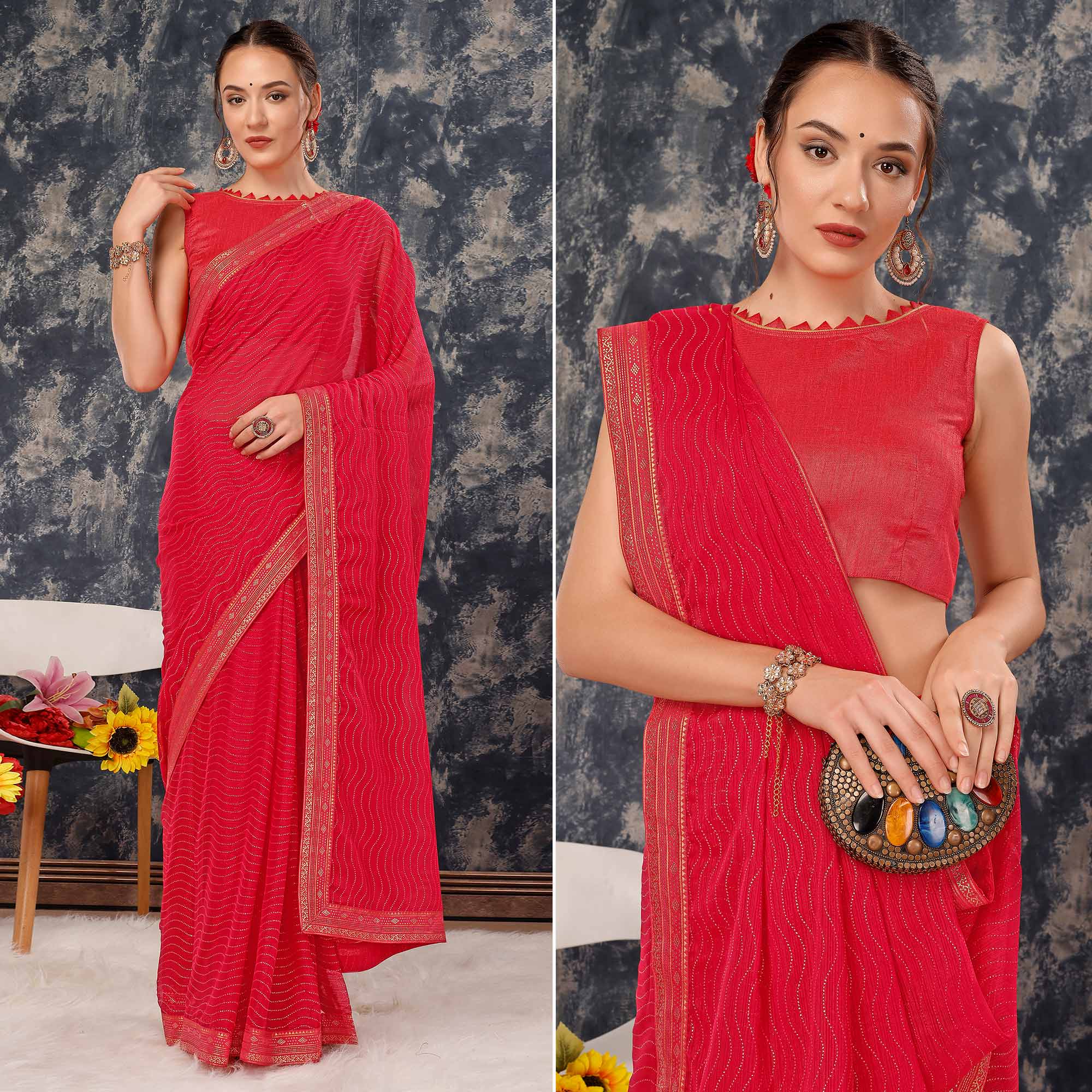 Pink Zari Embroidery Chiffon Saree With Lace Border