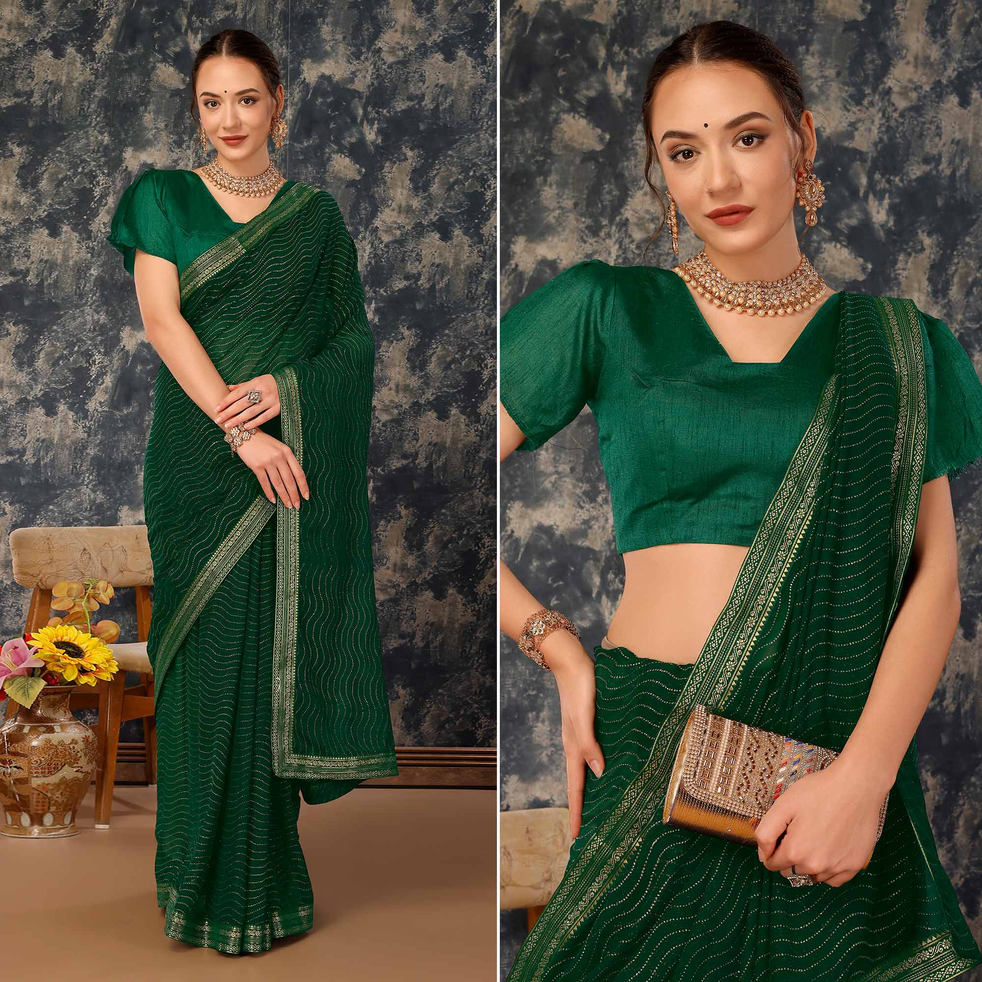 Green Zari Embroidery Chiffon Saree With Lace Border