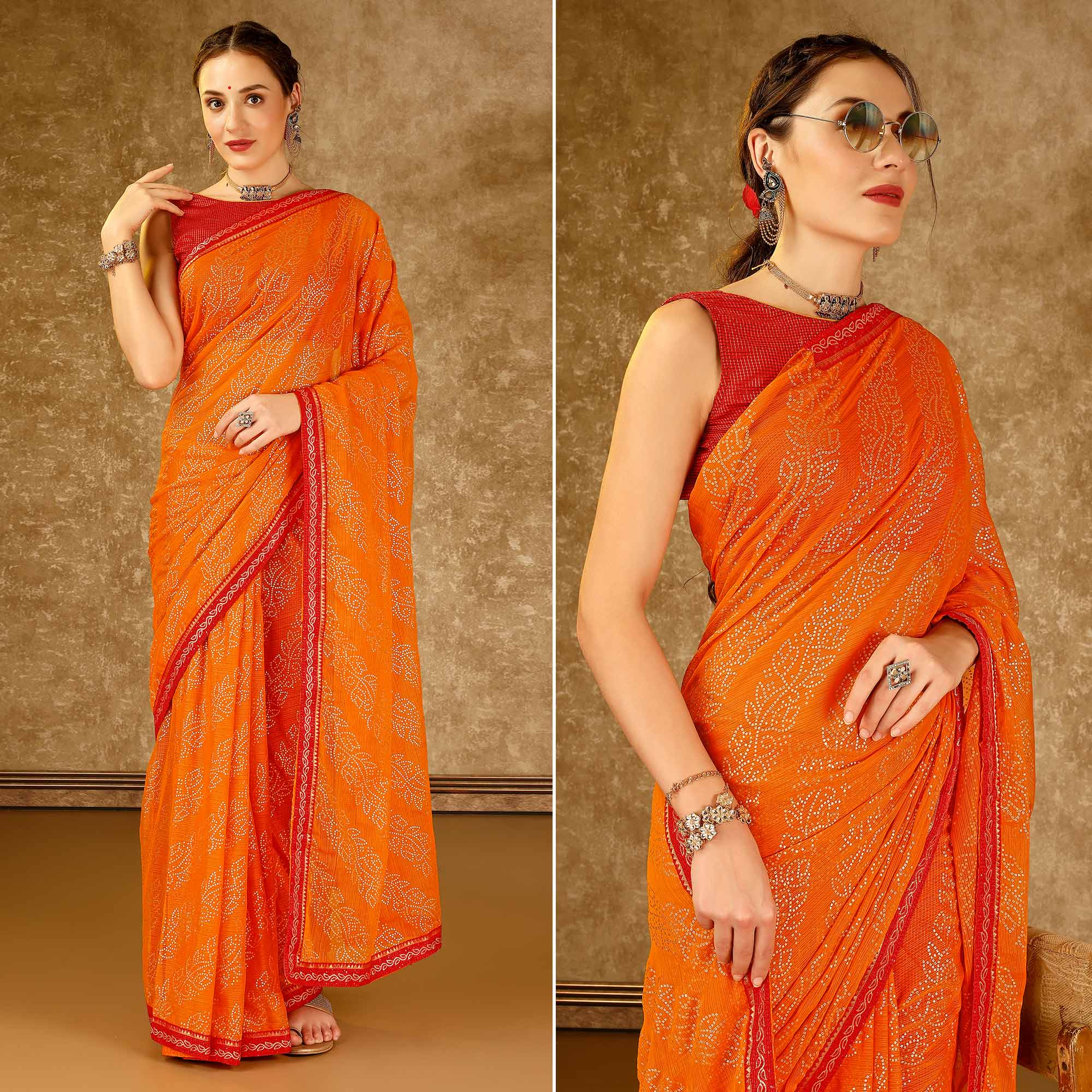 Orange Bandhani Foil Printed Chiffon Saree With Lace Border