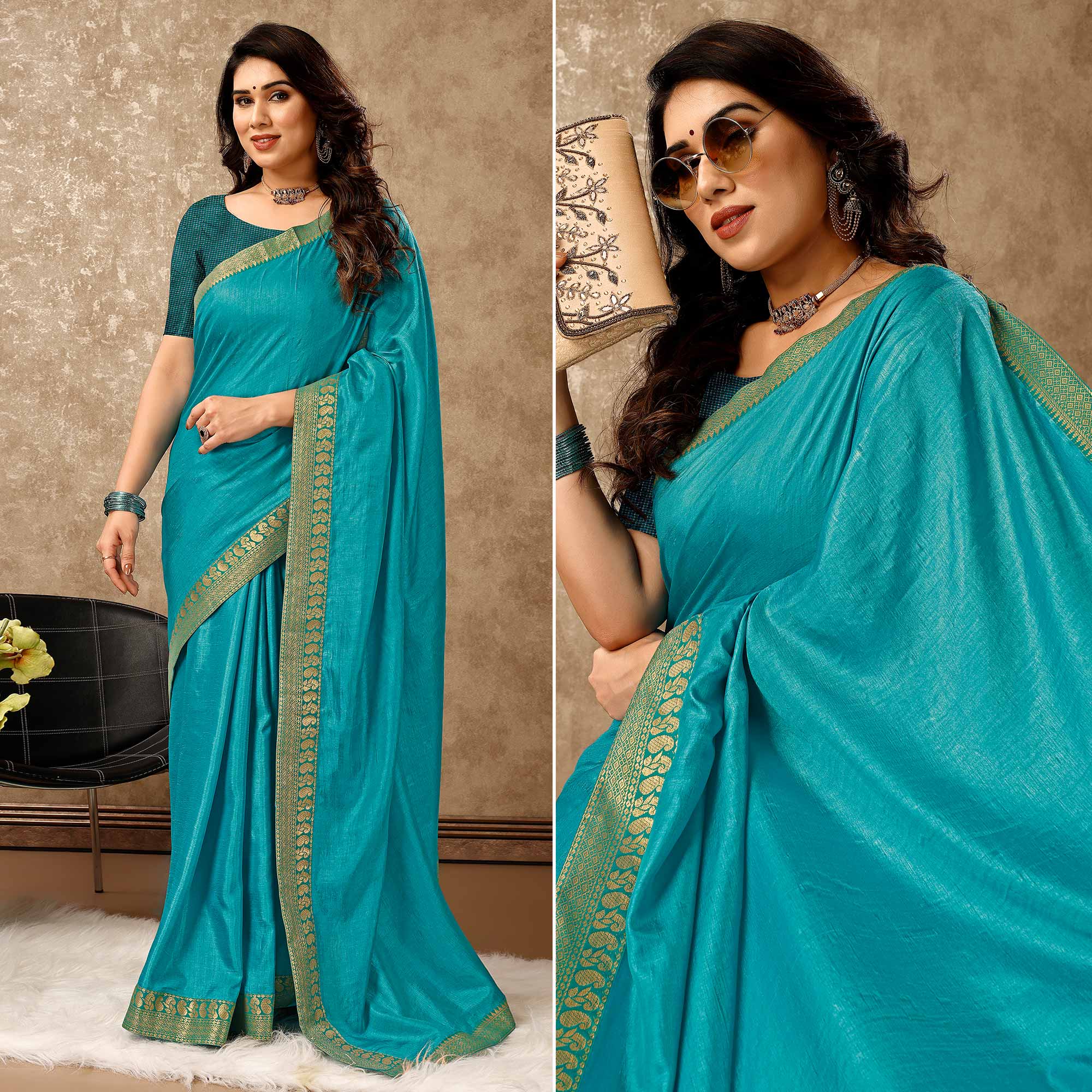 Blue Solid Saree Vichitra Silk With Zari Lace Border