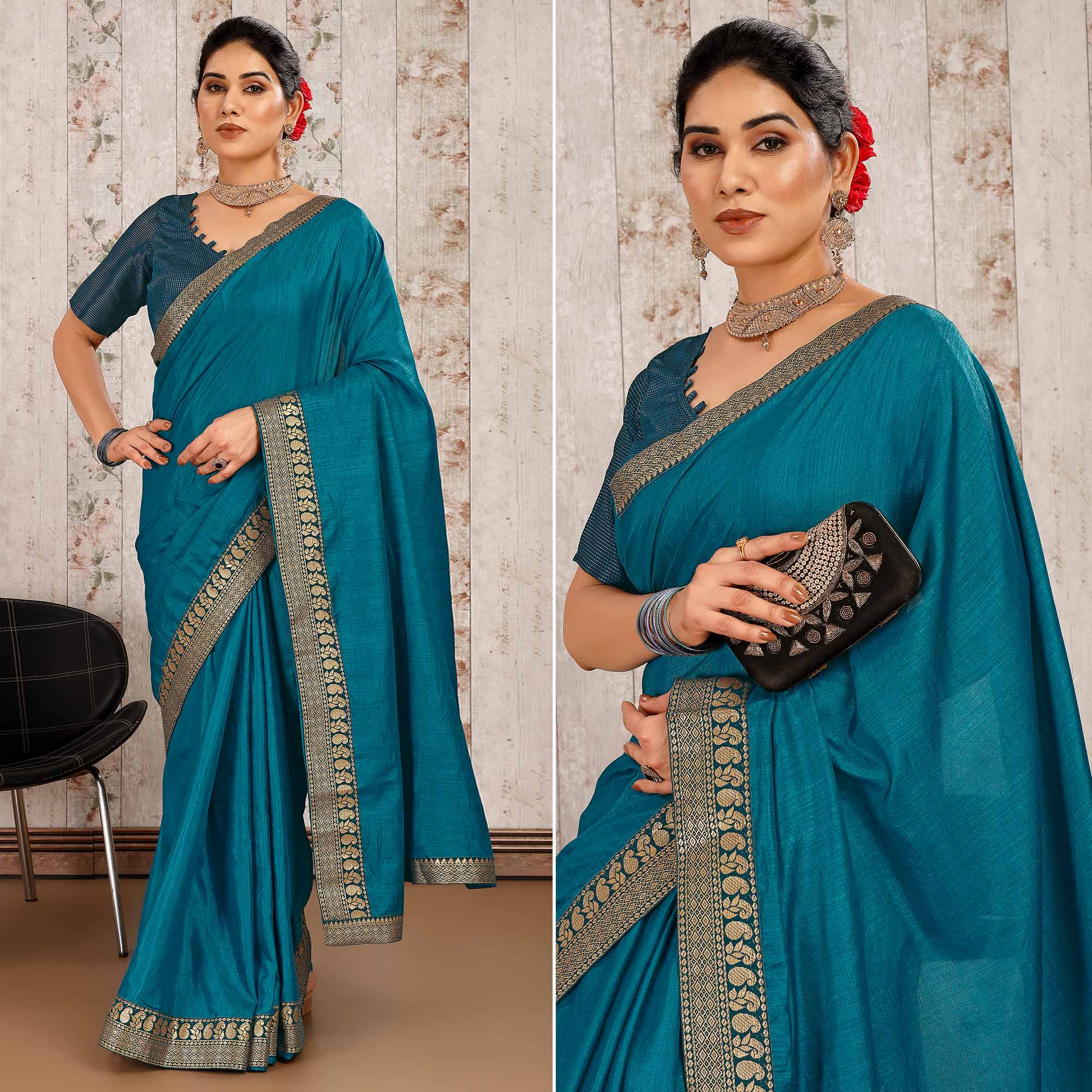 Teal Blue Solid Saree Vichitra Silk With Zari Lace Border