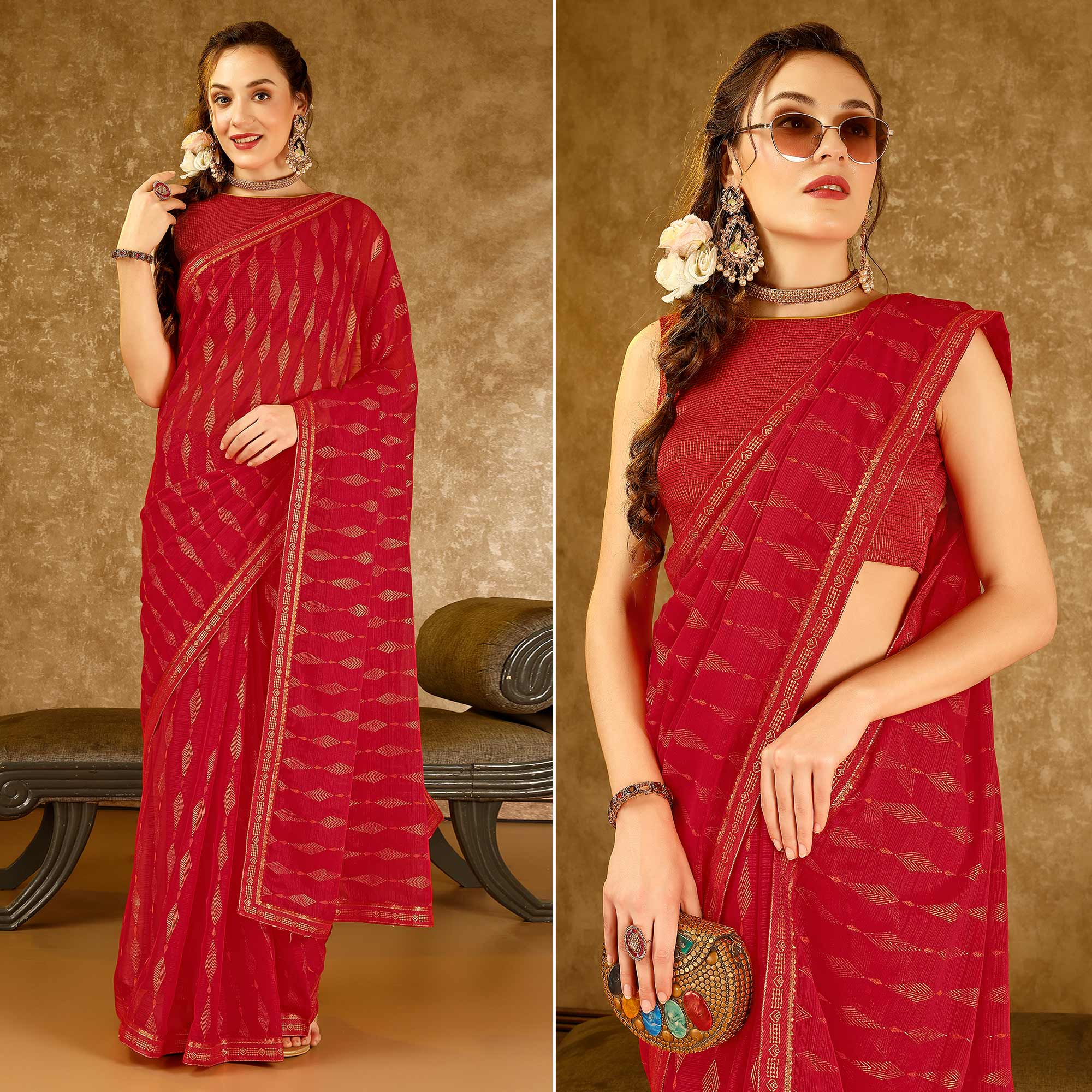 Red Foil Printed Chiffon Saree With Lace Border