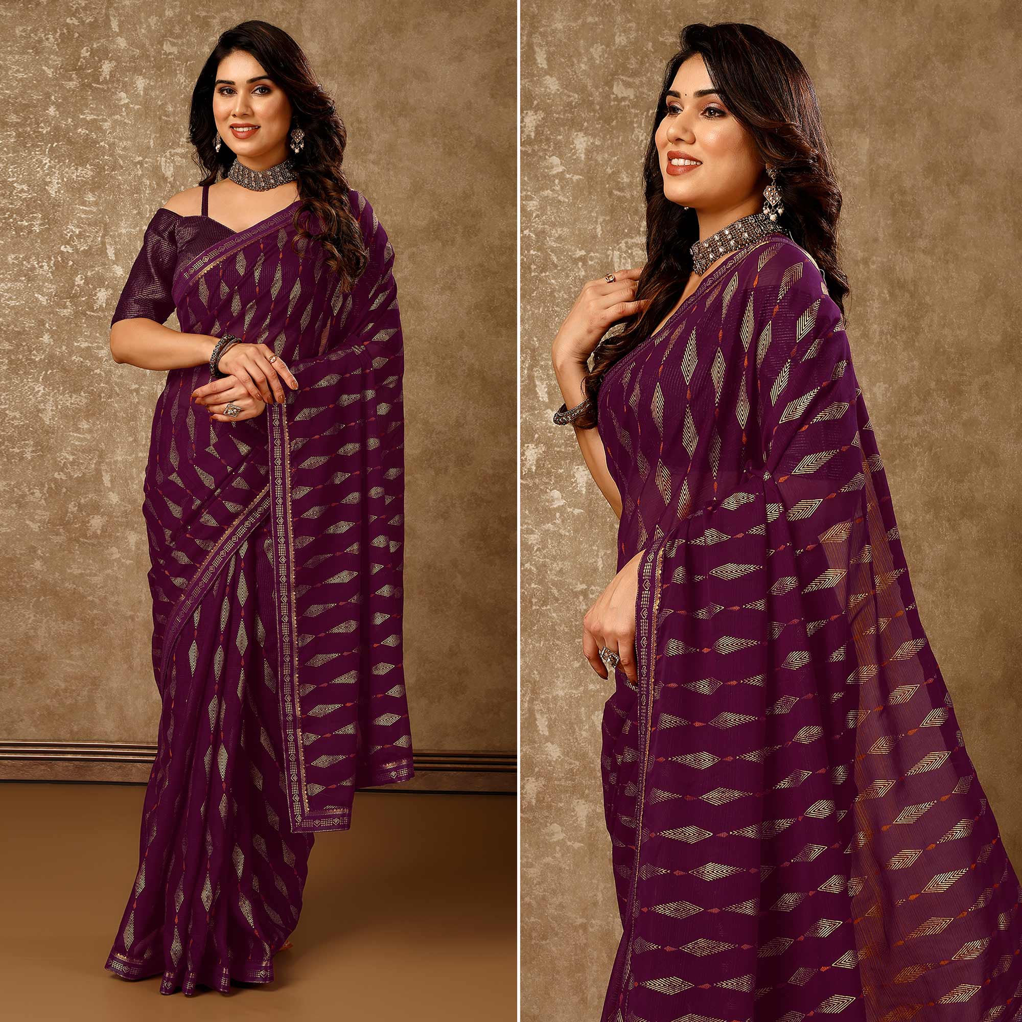 Purple Foil Printed Chiffon Saree With Lace Border