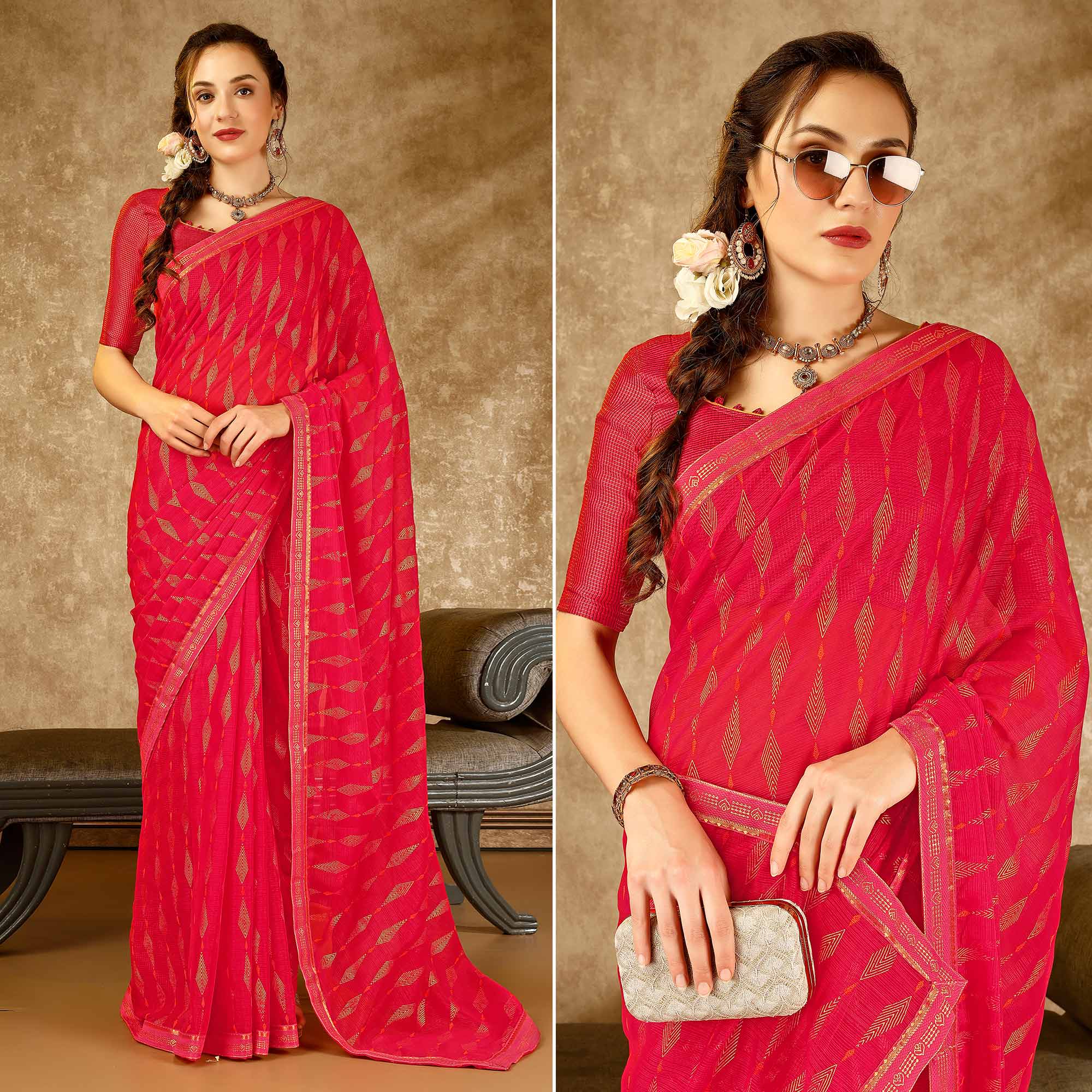 Pink Foil Printed Chiffon Saree With Lace Border