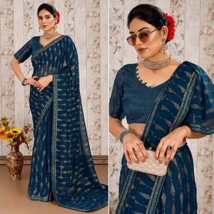 Blue Foil Printed Chiffon Saree With Lace Border