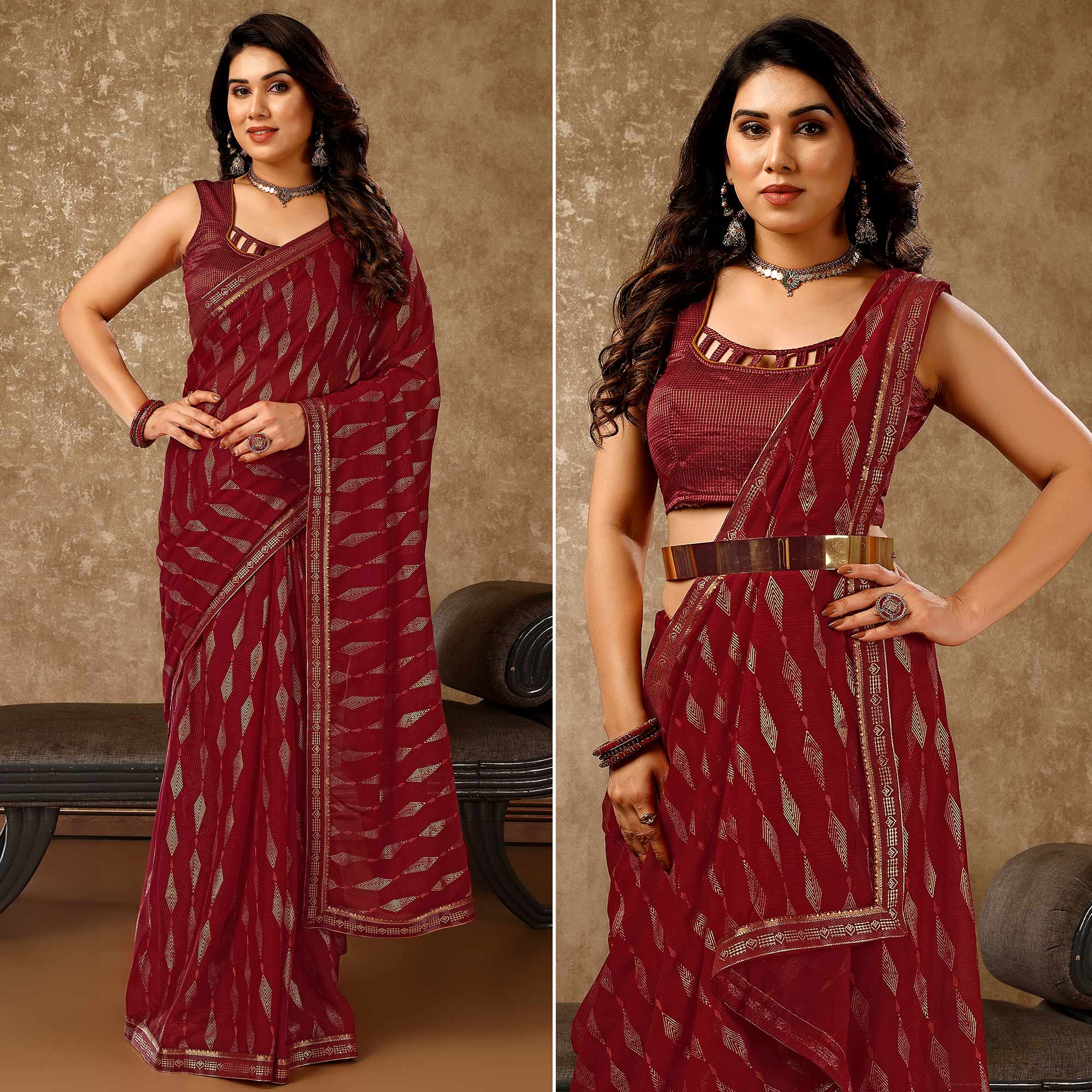 Maroon Foil Printed Chiffon Saree With Lace Border