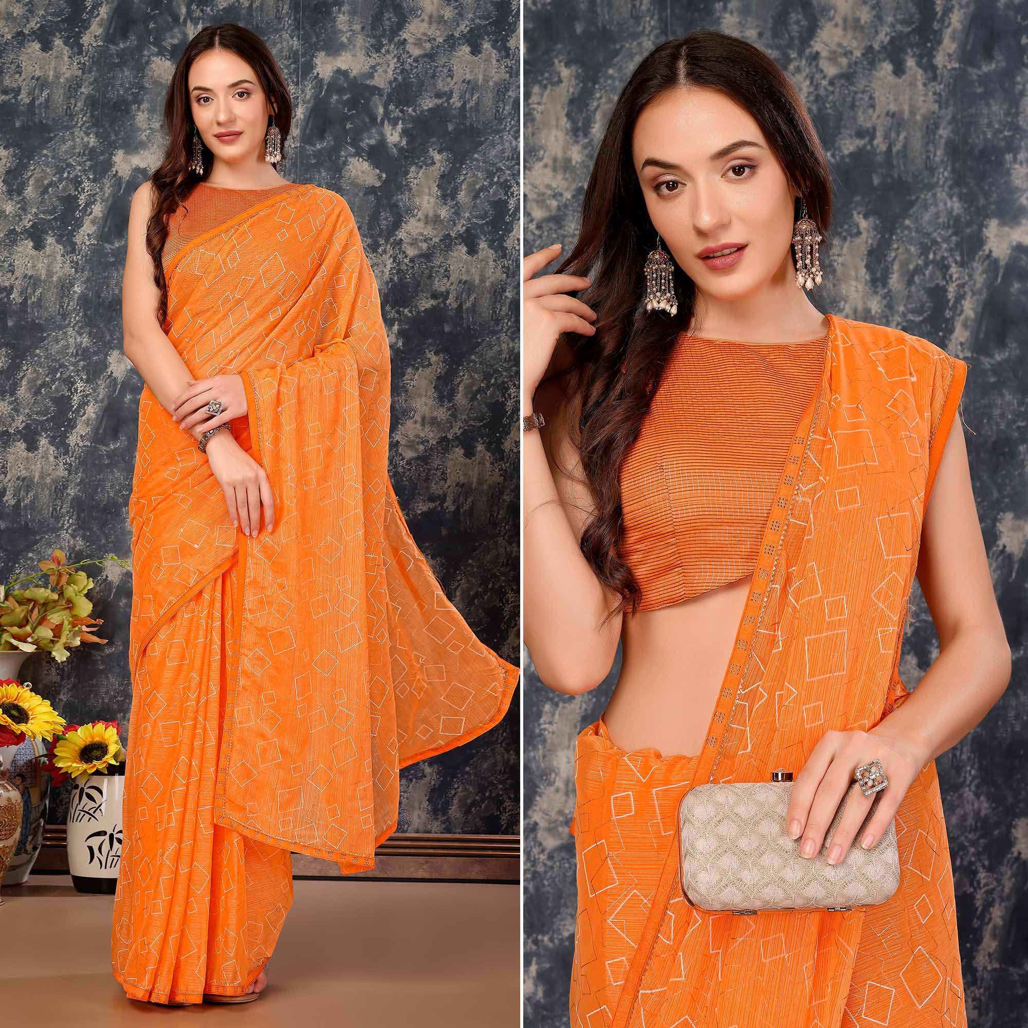 Orange Printed With Zari Work Chiffon Saree With Lace Border