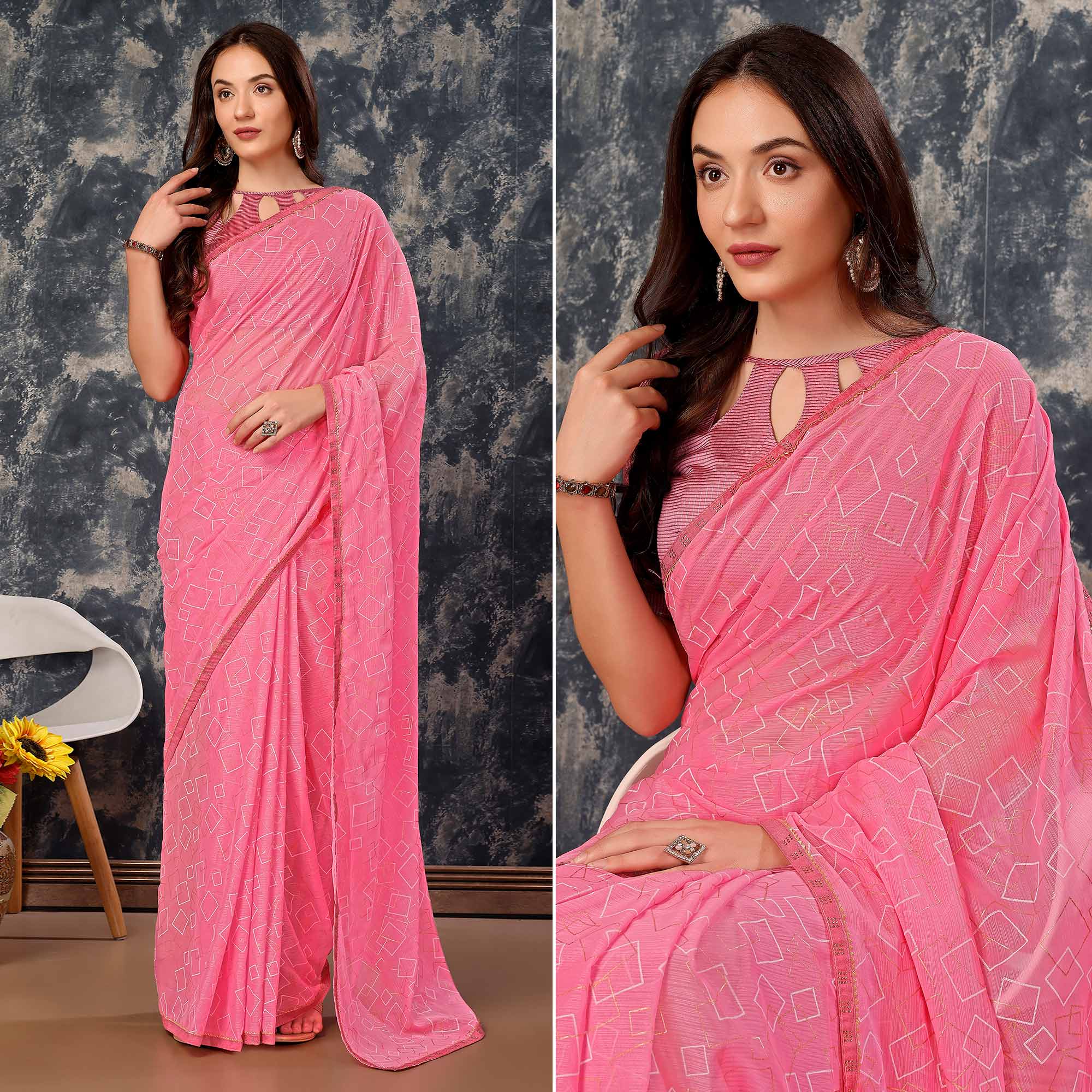 Pink Printed With Zari Work Chiffon Saree With Lace Border