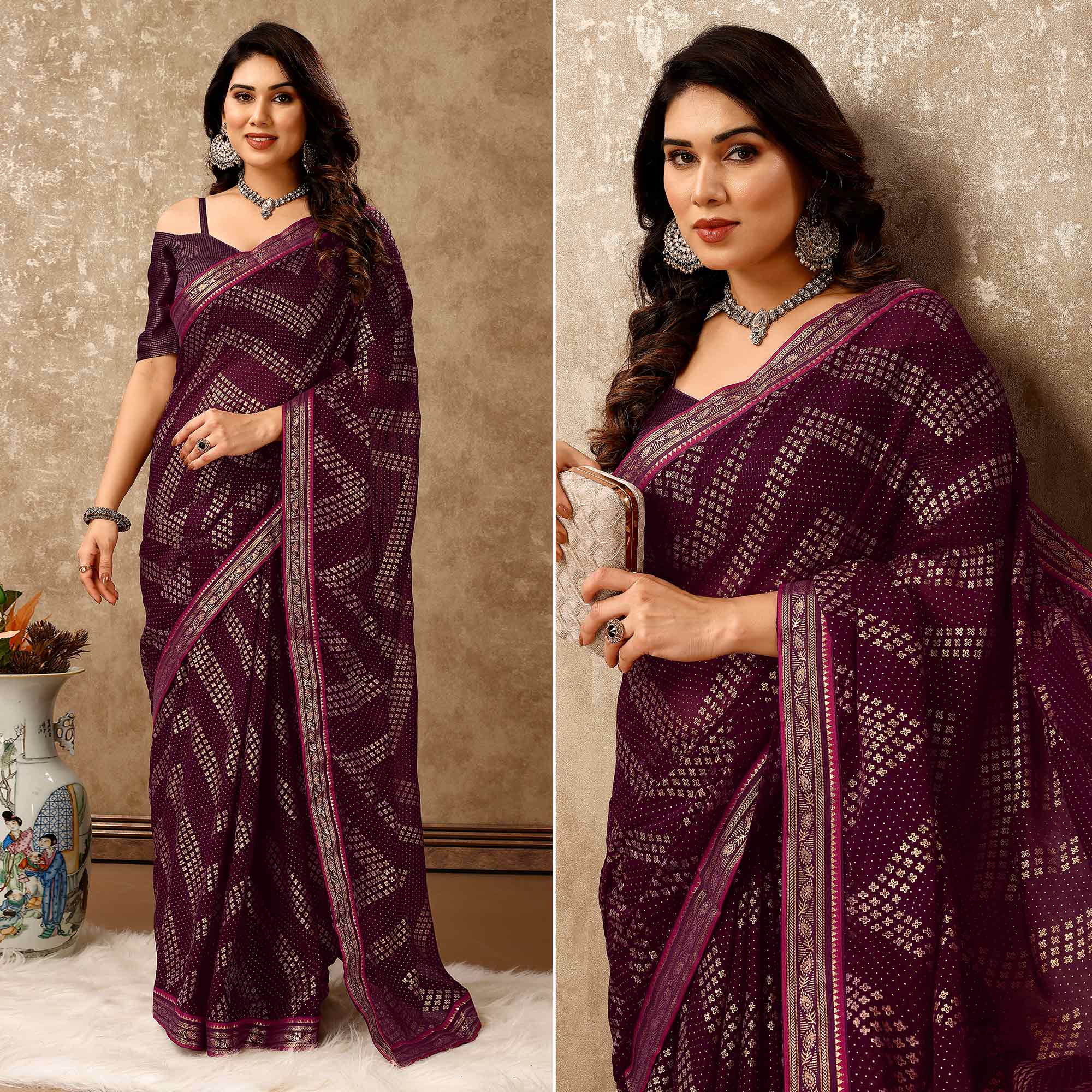 Purple Foil Printed Chiffon Saree With Lace Border