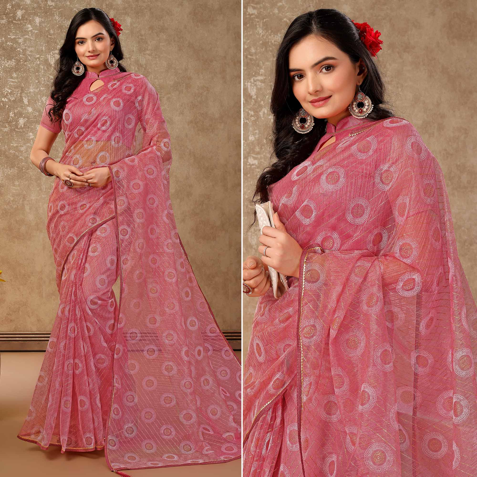 Pink Printed With Zari Work Cotton Silk Saree With Lace Border