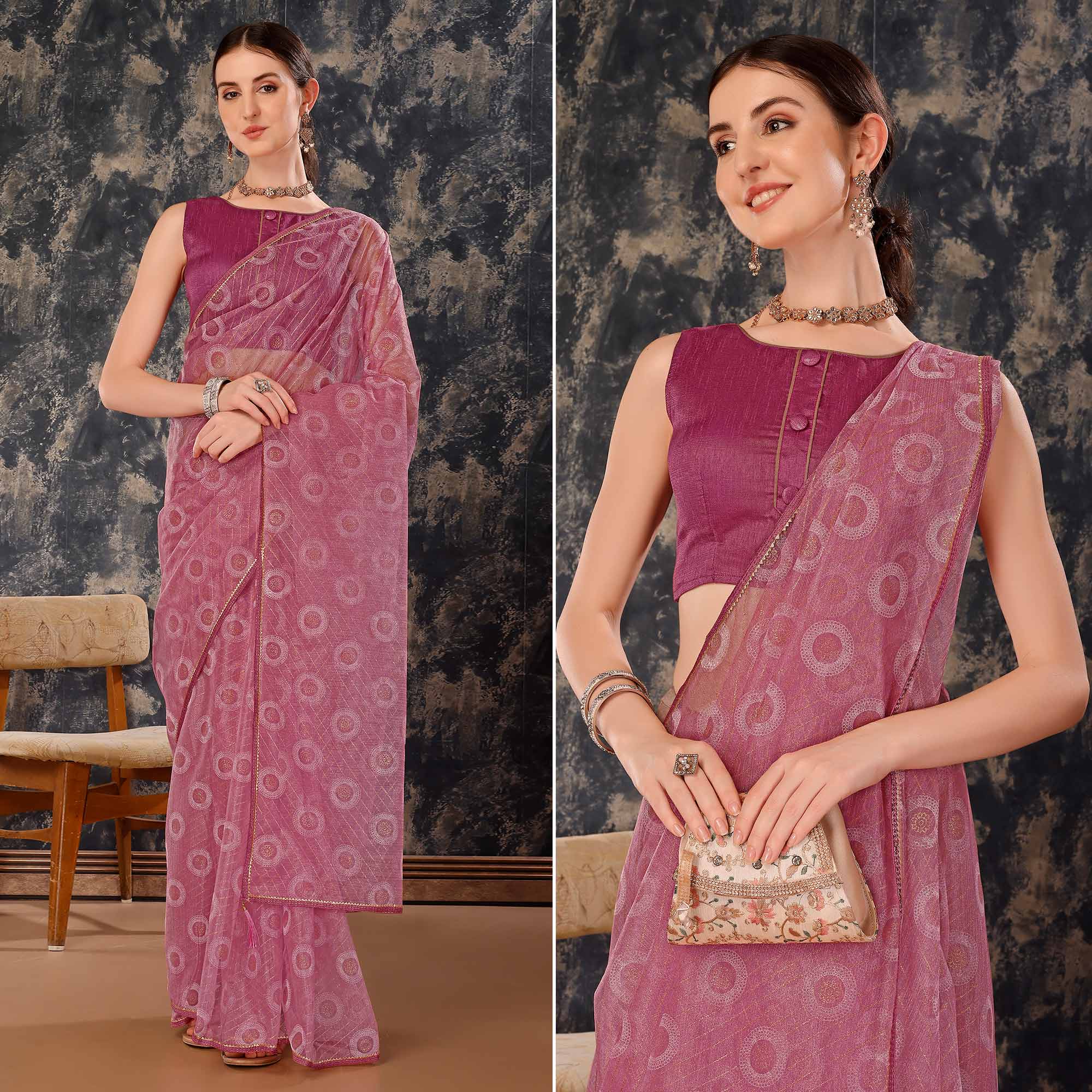 Purple Printed With Zari Work Cotton Silk Saree With Lace Border