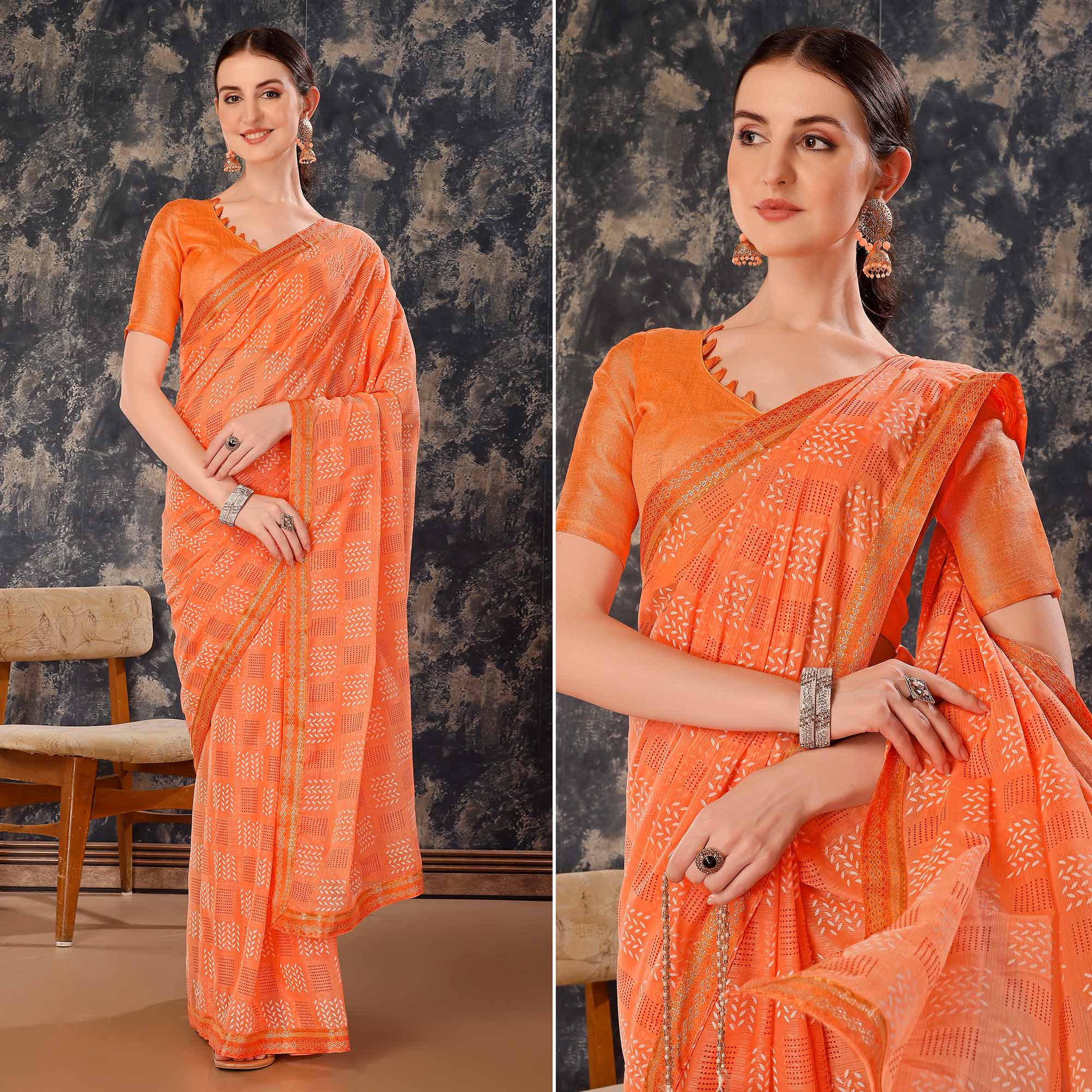 Light Orange Printed Chiffon Saree With Lace Border