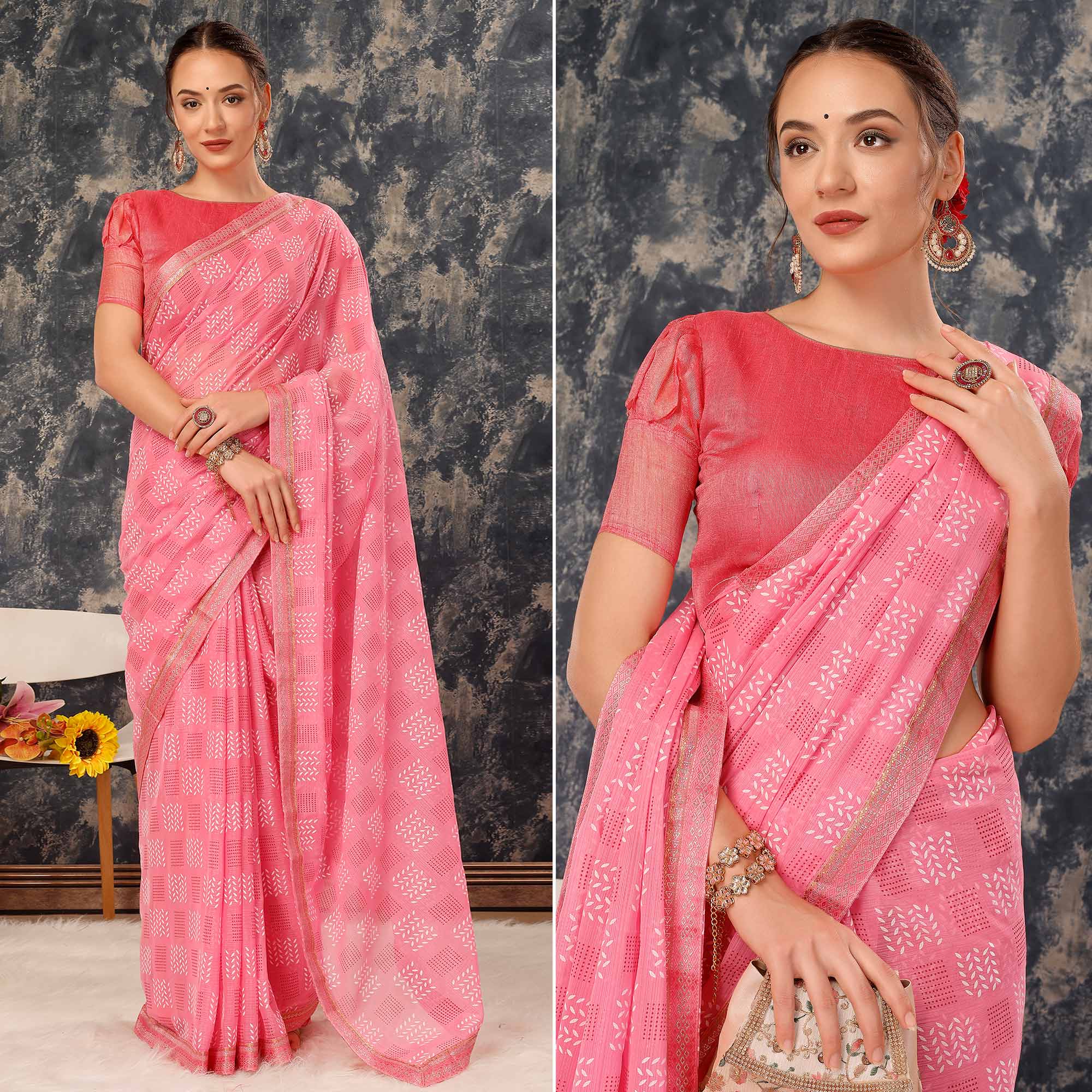 Pink Printed Chiffon Saree With Lace Border