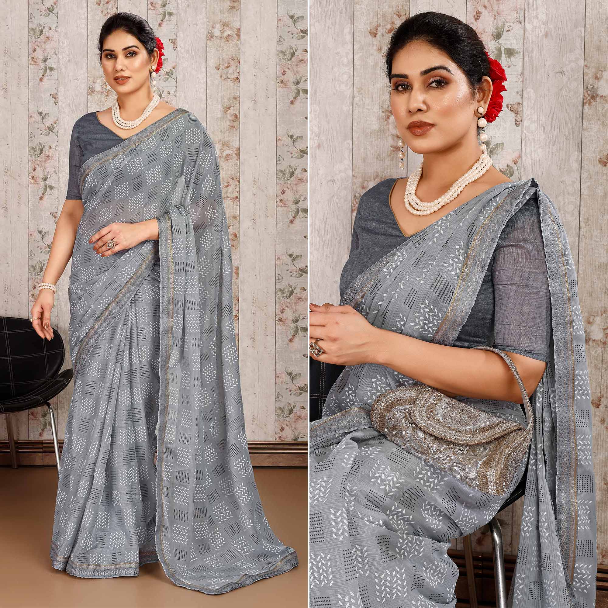 Grey Printed Chiffon Saree With Lace Border