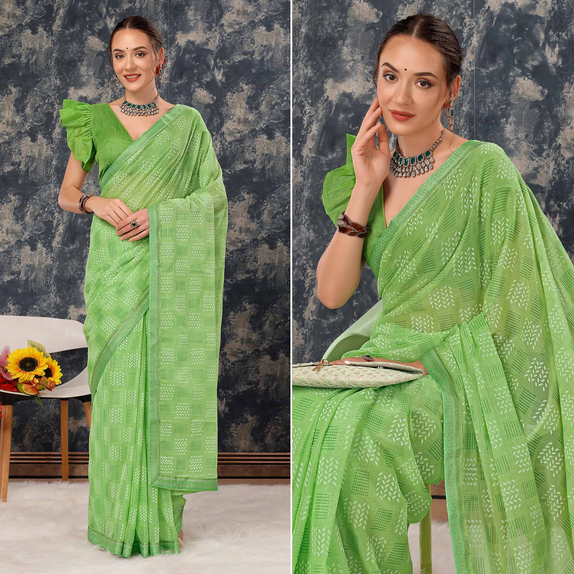 Green Printed Chiffon Saree With Lace Border