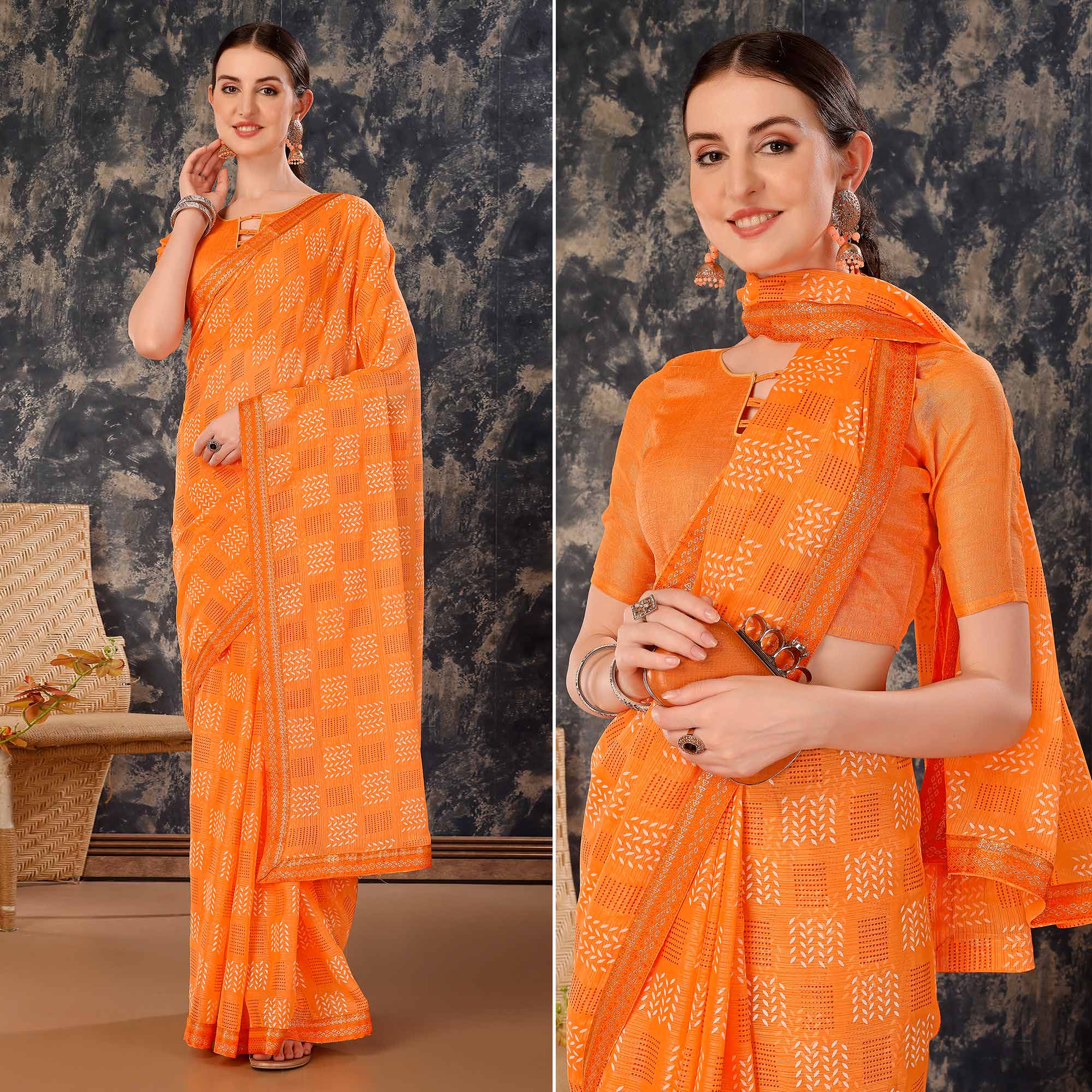 Orange Printed Chiffon Saree With Lace Border