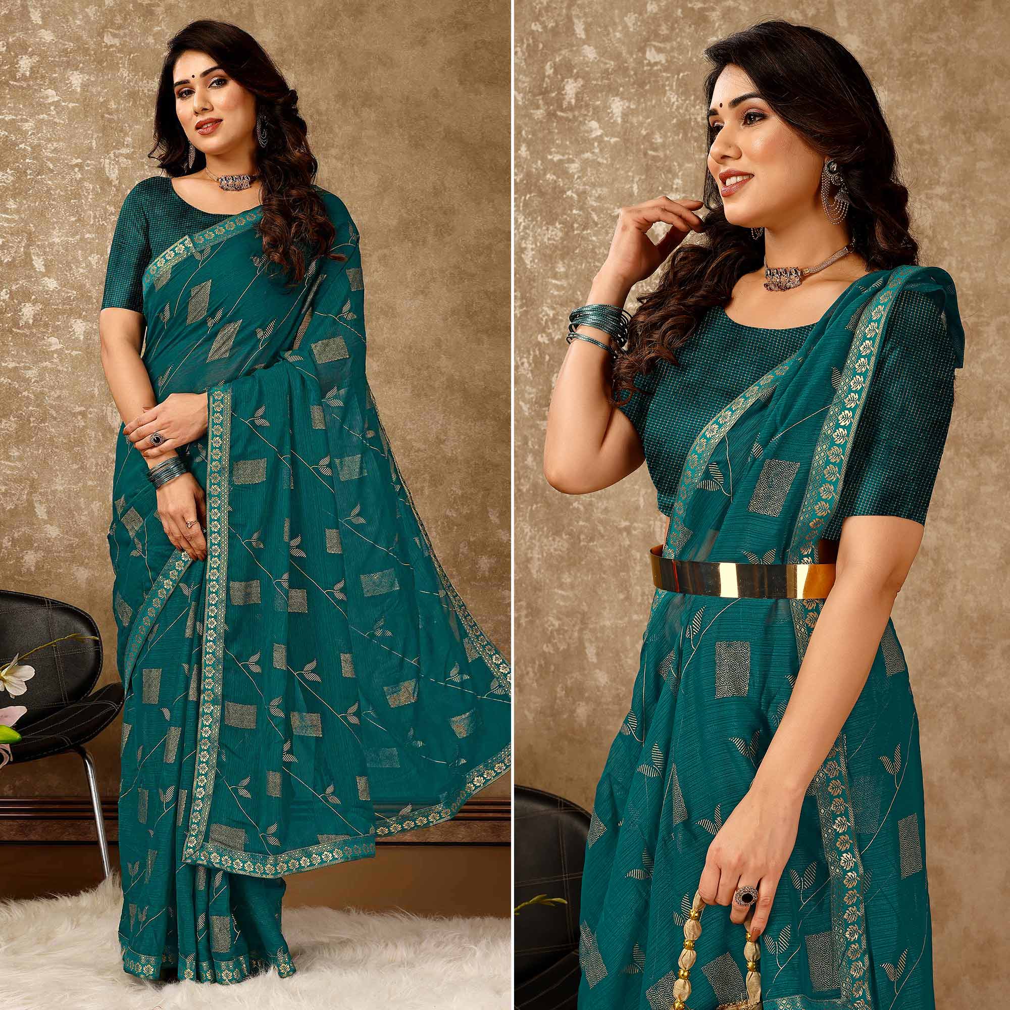 Teal Blue Floral Foil Printed Chiffon Saree With Lace Border