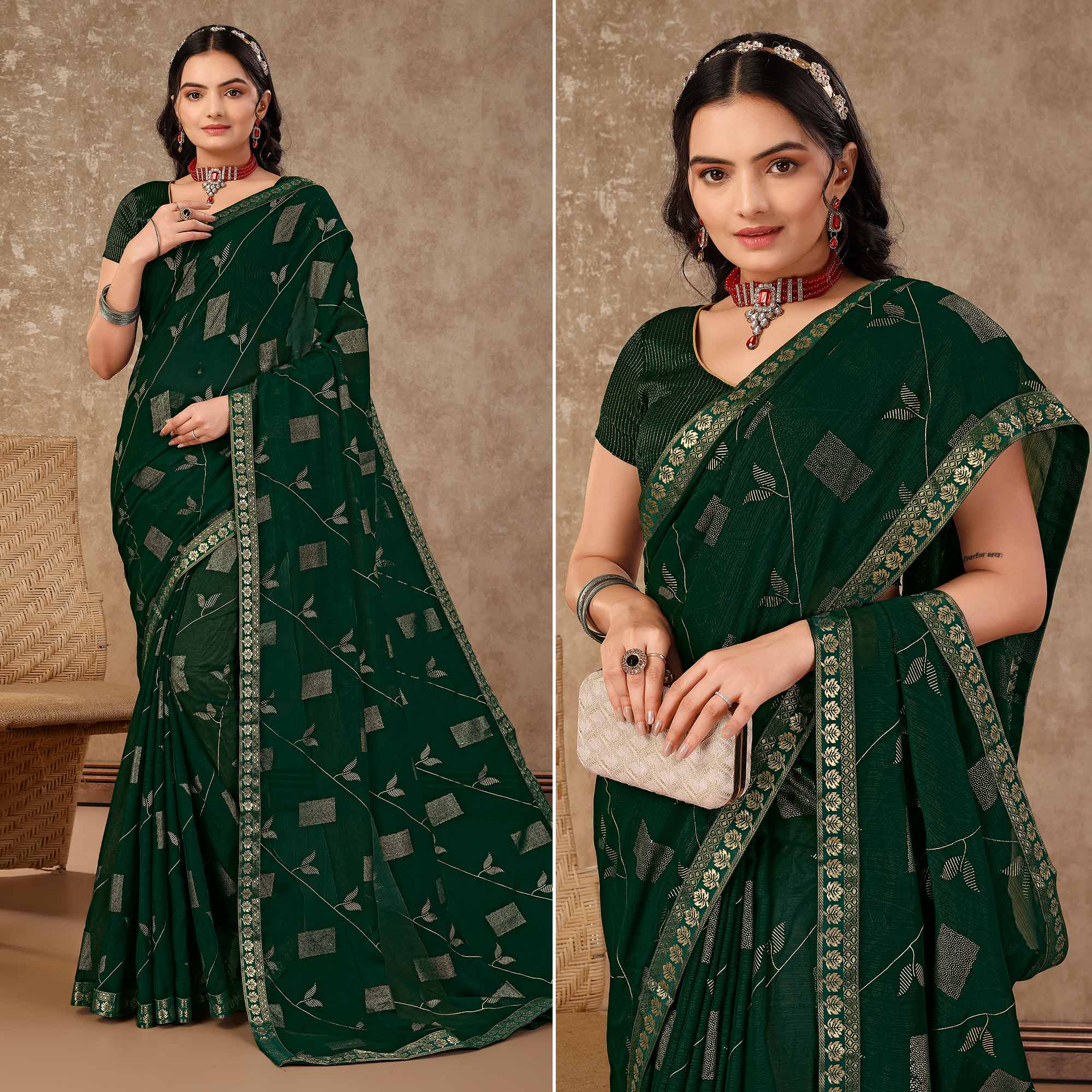 Green Floral Foil Printed Chiffon Saree With Lace Border