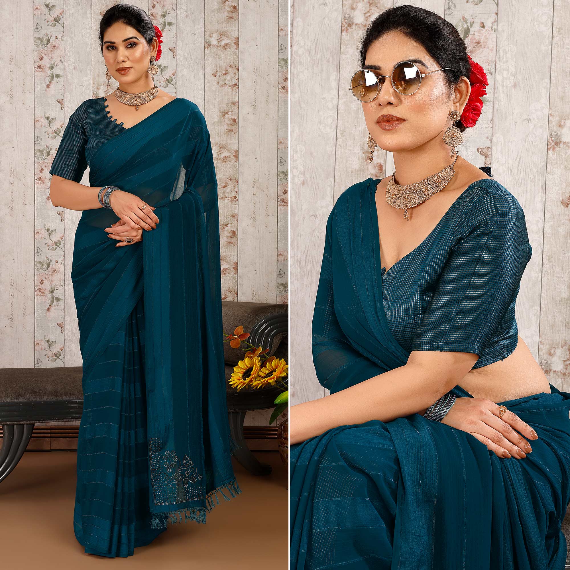 Morpich Swarovski Work Chiffon Saree With Tassels