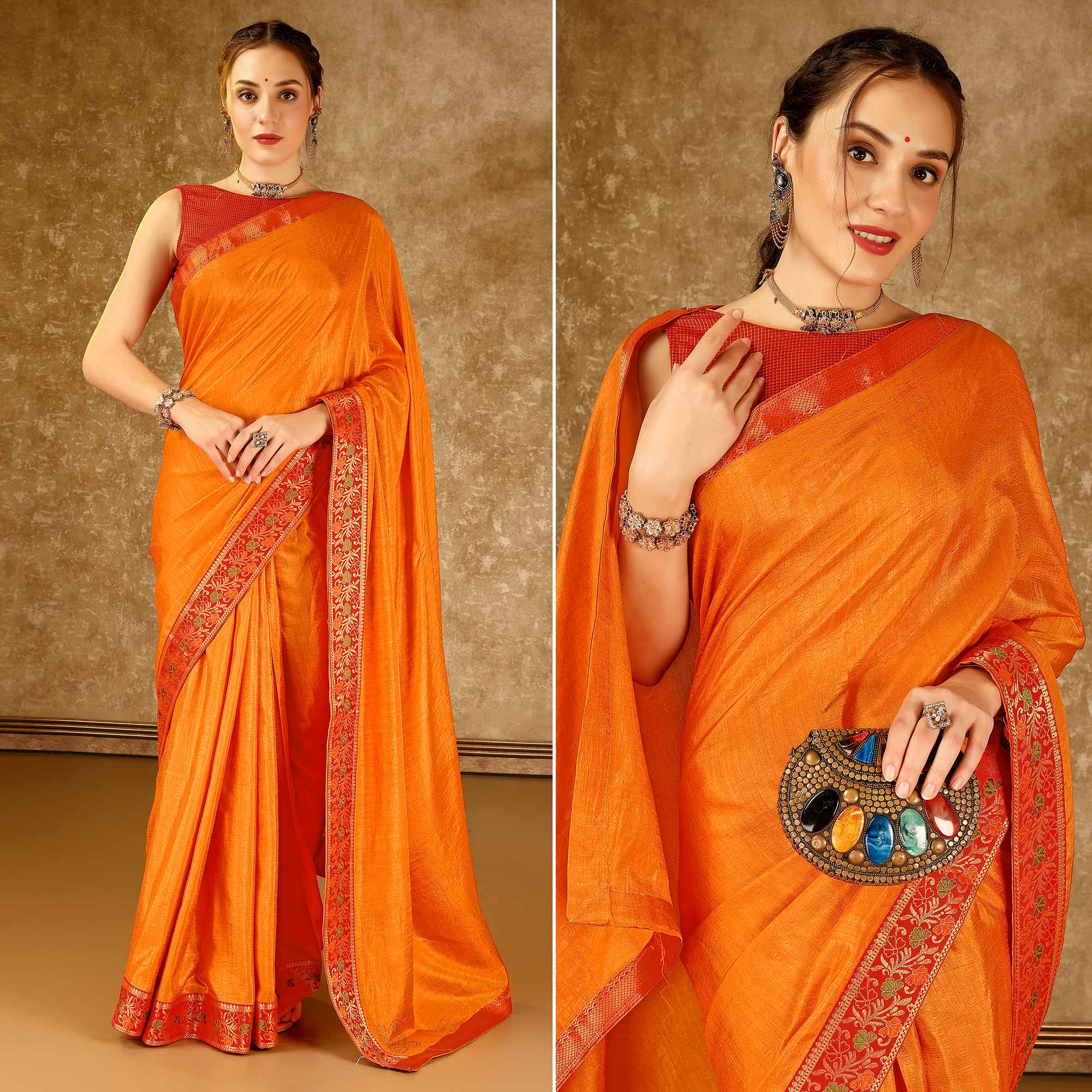 Women's Vichitra Silk Orange Solid Designer Saree With Blouse Piece