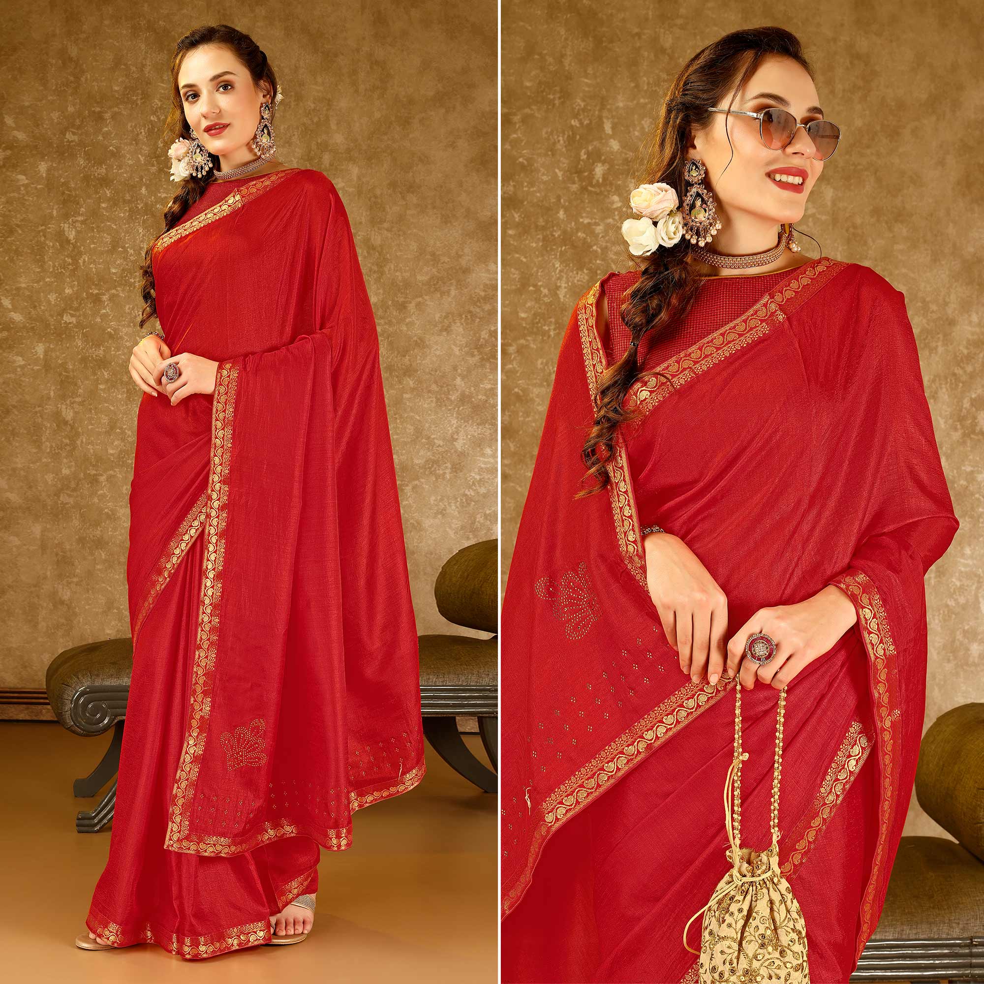 Red Swarovski Work Vichitra Silk Saree With Lace Border