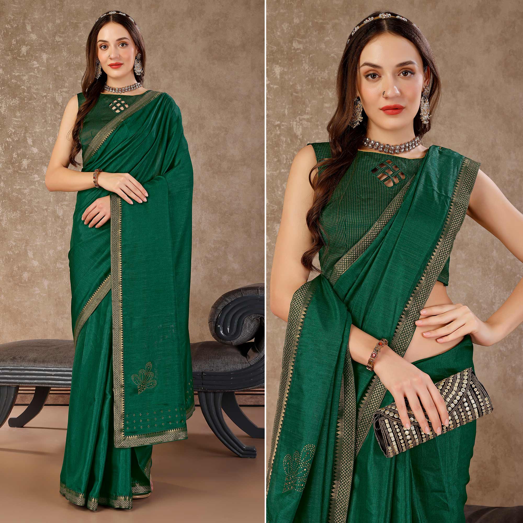 Green Swarovski Work Vichitra Silk Saree With Lace Border