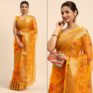 Yellow Floral Embroidered Organza Saree