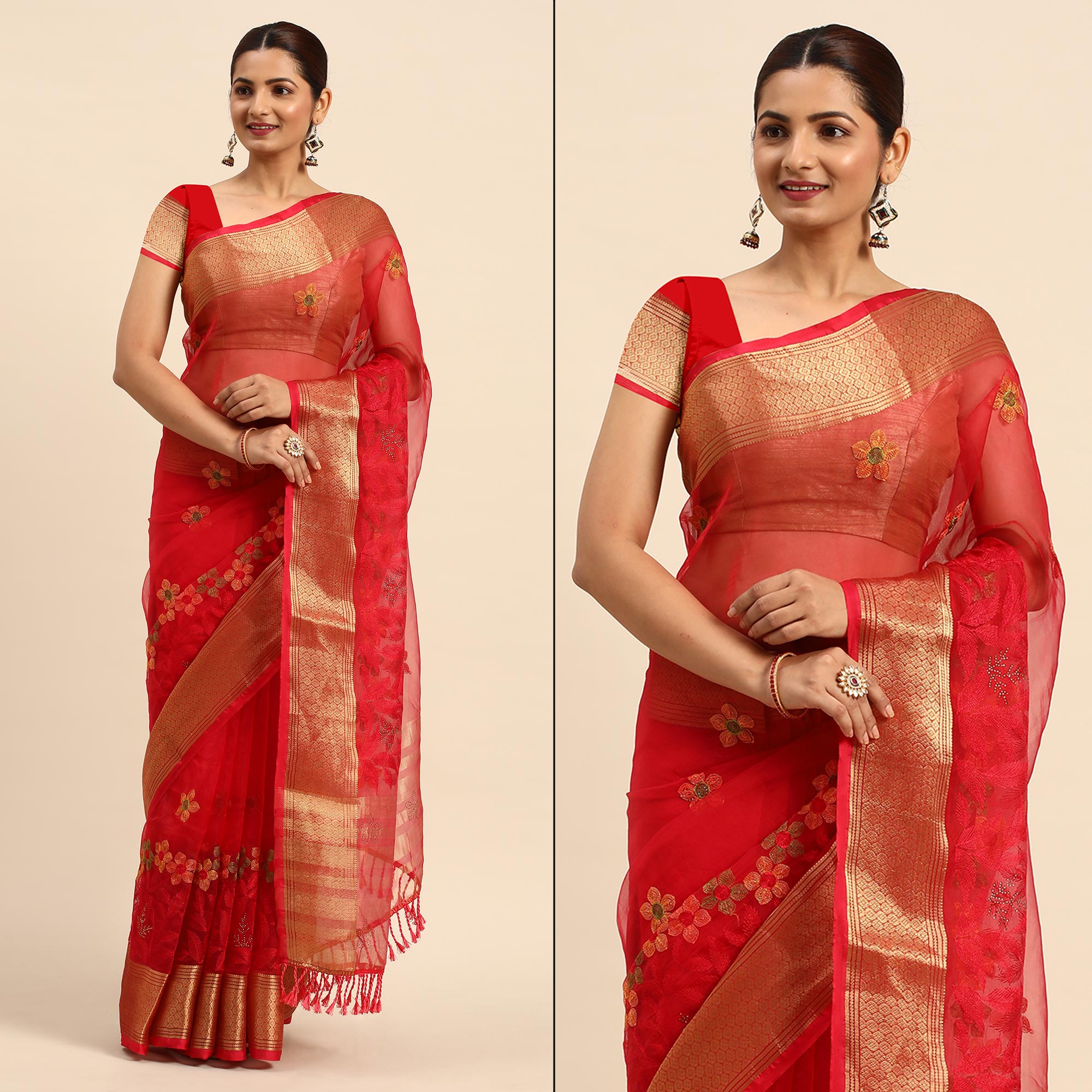 Pink Floral Embroidered Organza Saree