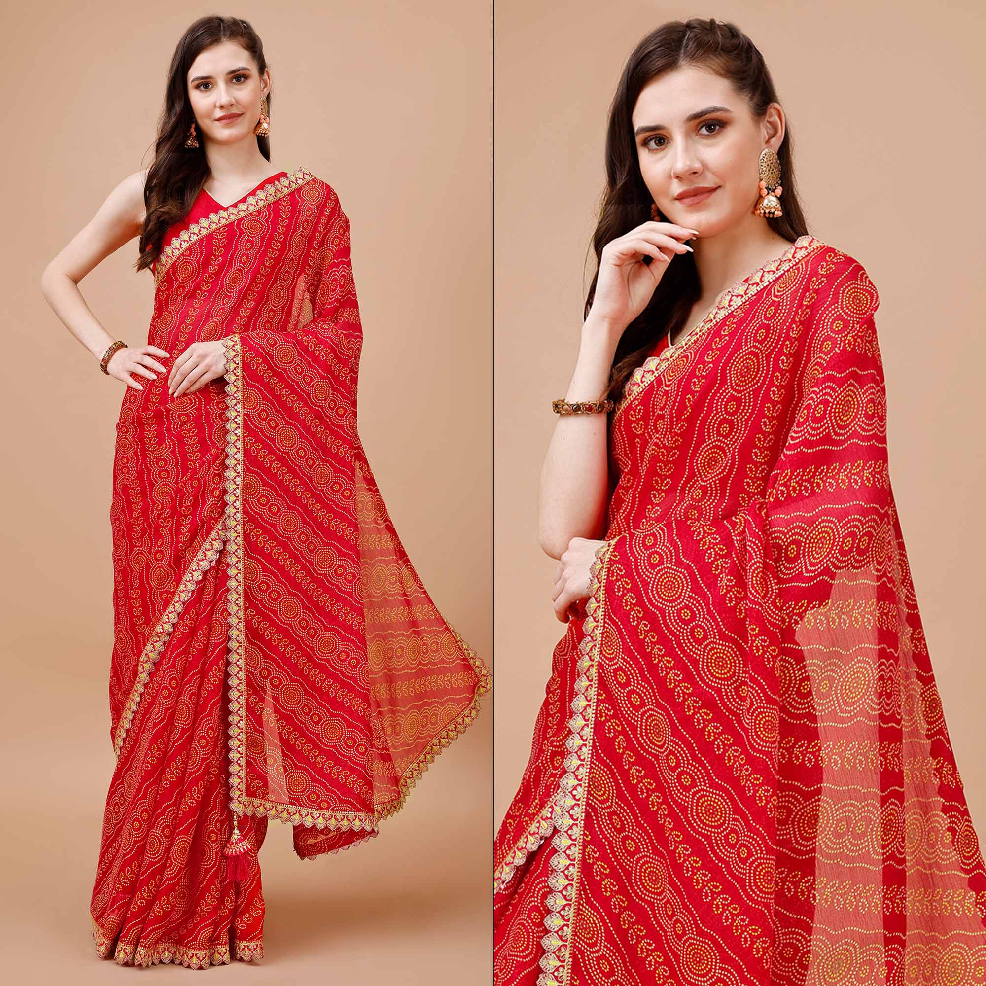 Red Bandhani Printed Chiffon Saree