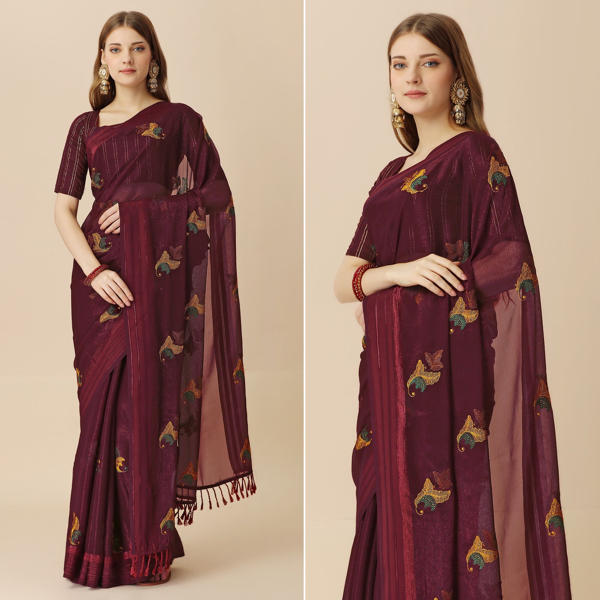 Maroon Floral Embroidered Chiffon Saree With With Tassels