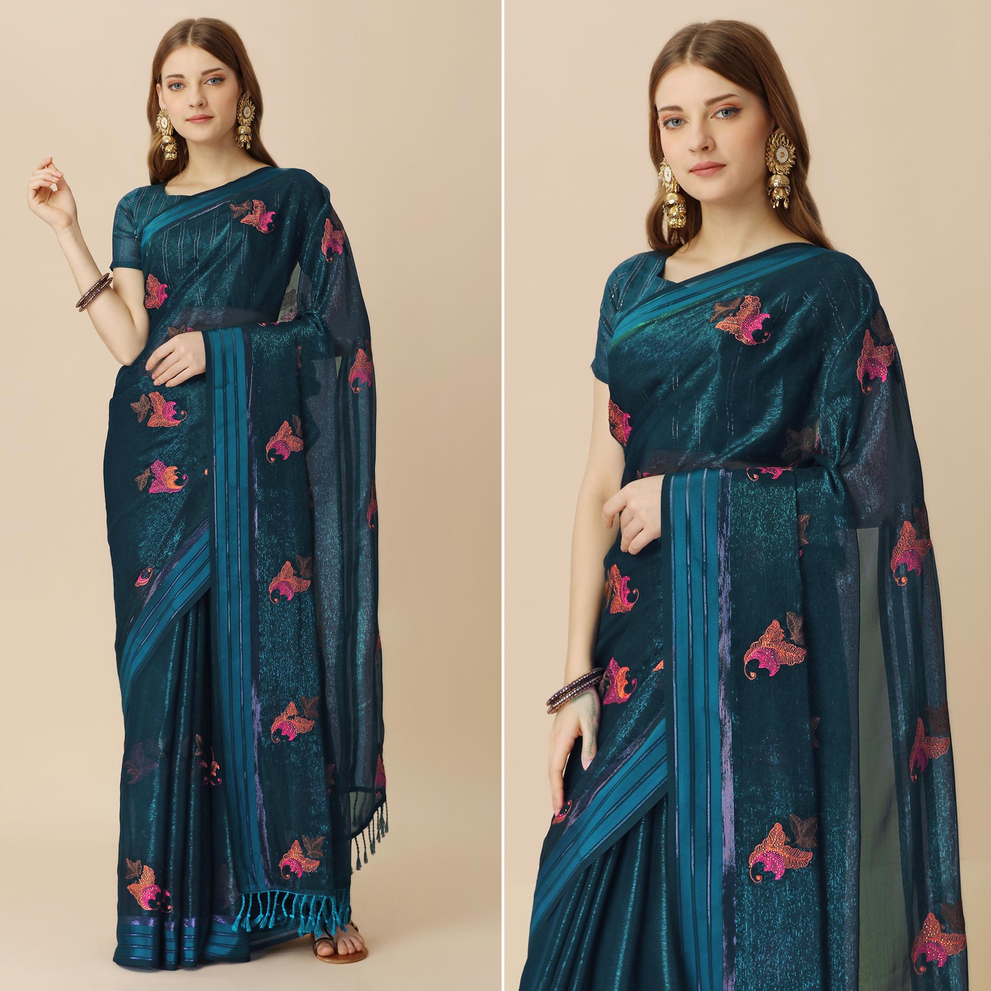 Dark Blue Floral Embroidered Chiffon Saree With With Tassels