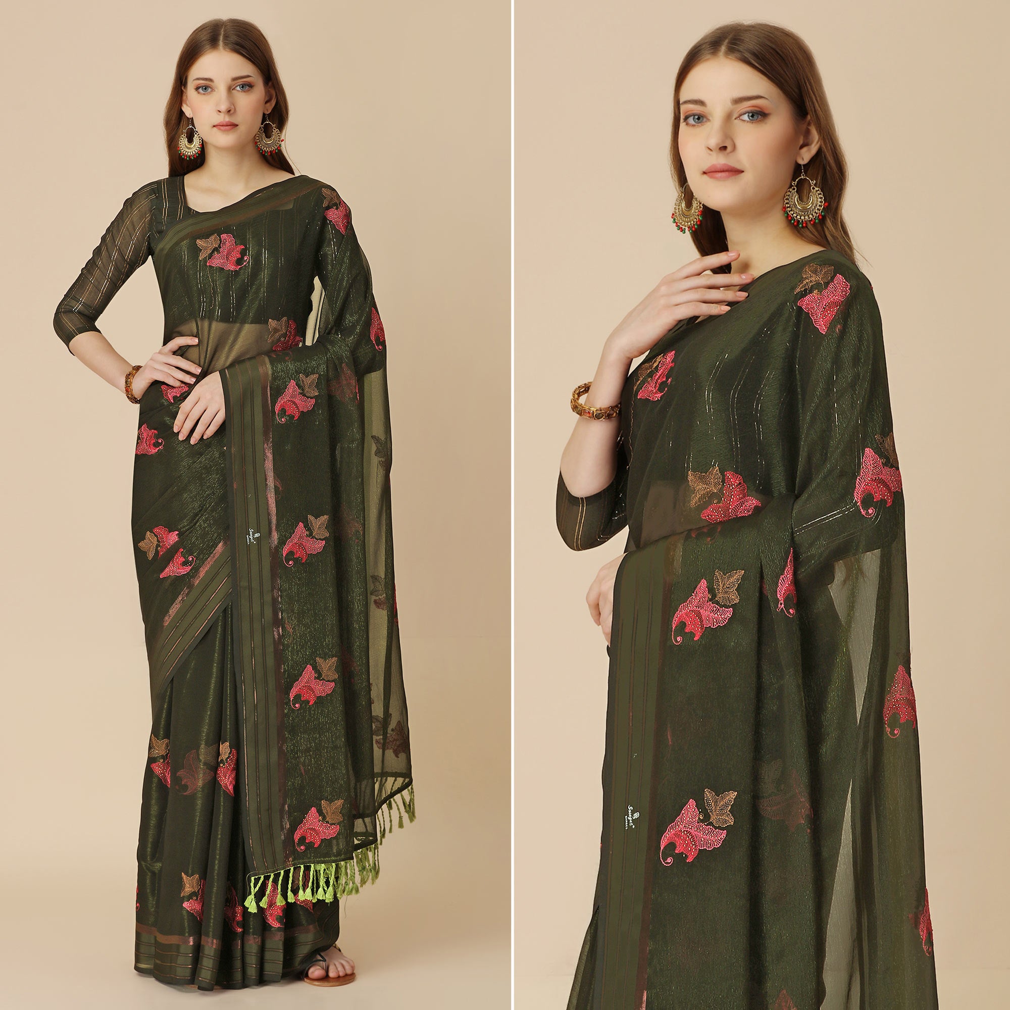 Dark Green Floral Embroidered Chiffon Saree With With Tassels