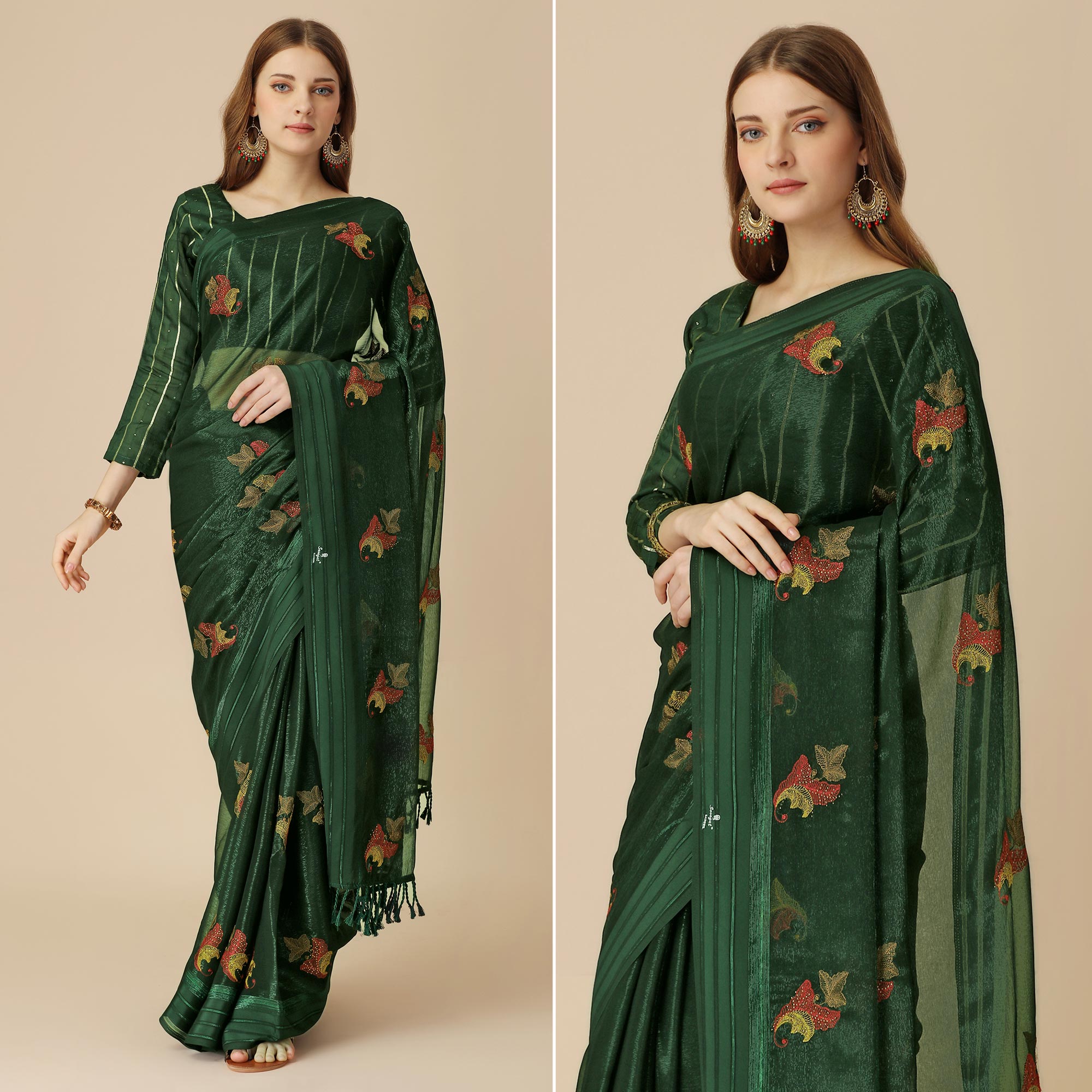 Green Floral Embroidered Chiffon Saree With With Tassels