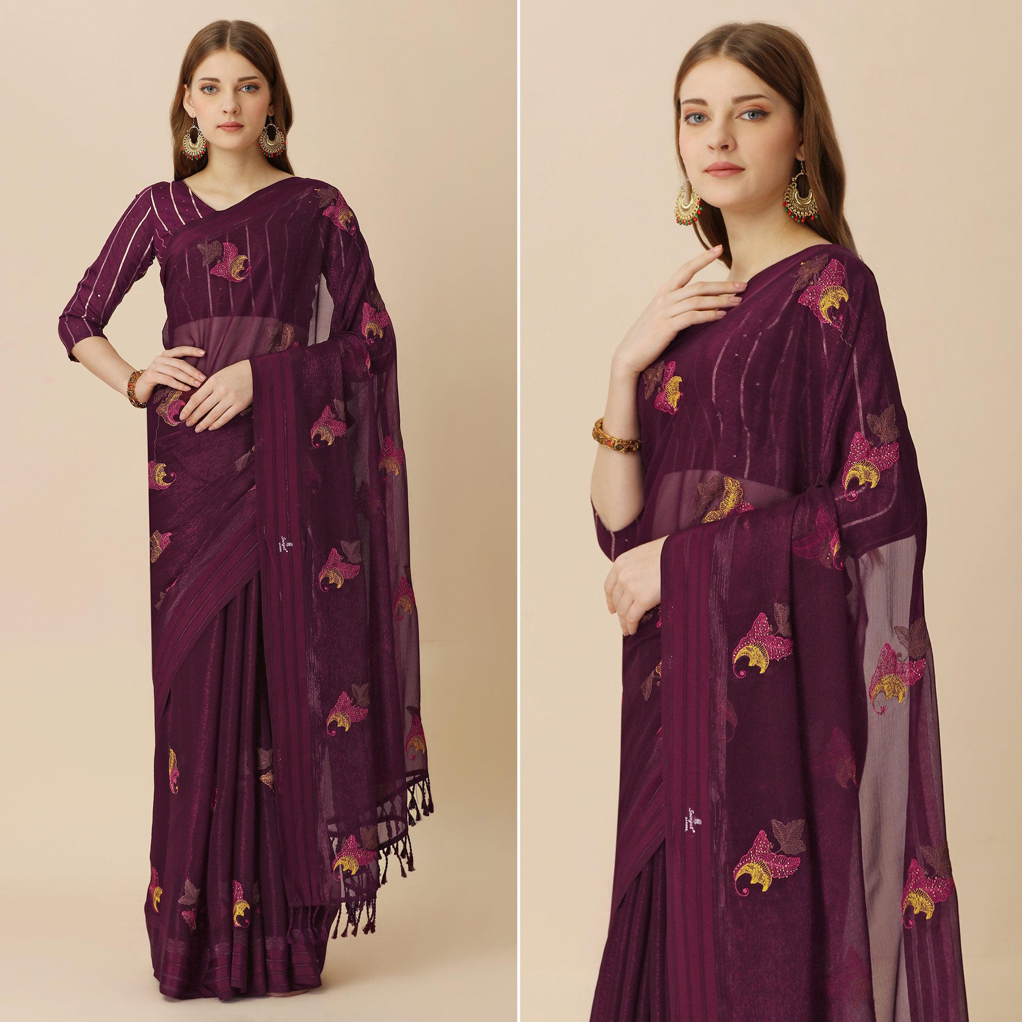 Burgundy Floral Embroidered Chiffon Saree With With Tassels