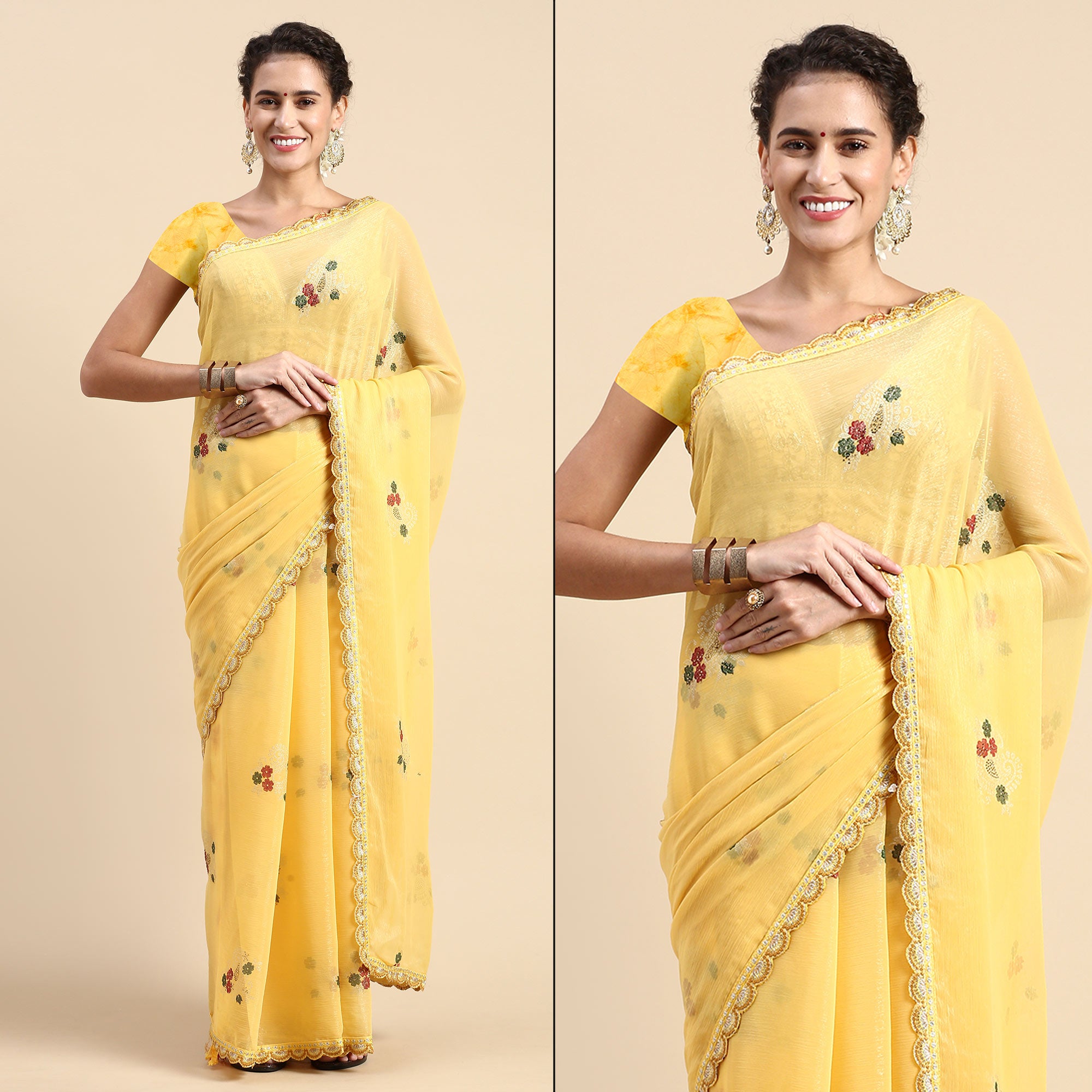 Yellow Foil Printed With Swarovski Shimmer Chiffon Saree