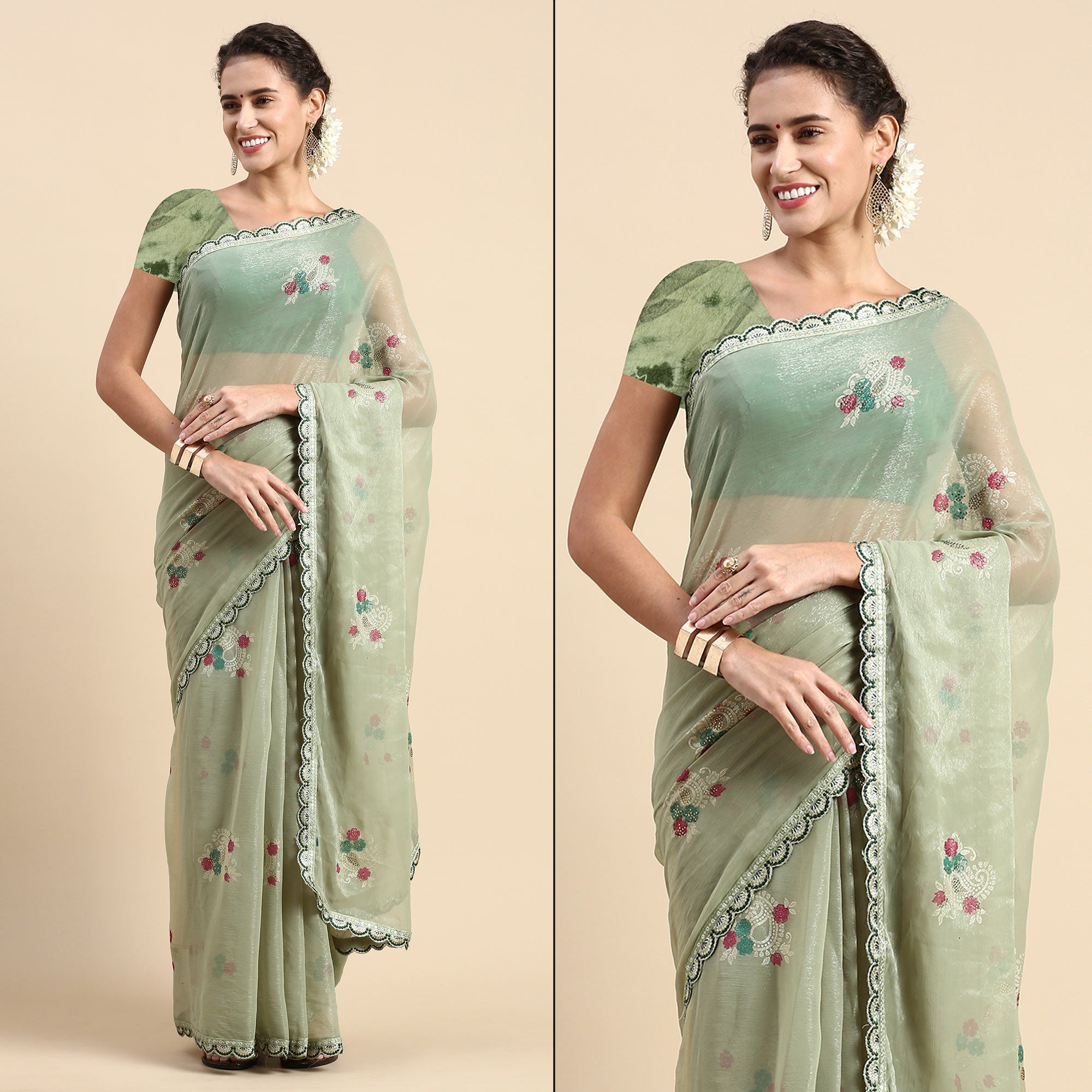 Green Foil Printed With Swarovski Shimmer Chiffon Saree