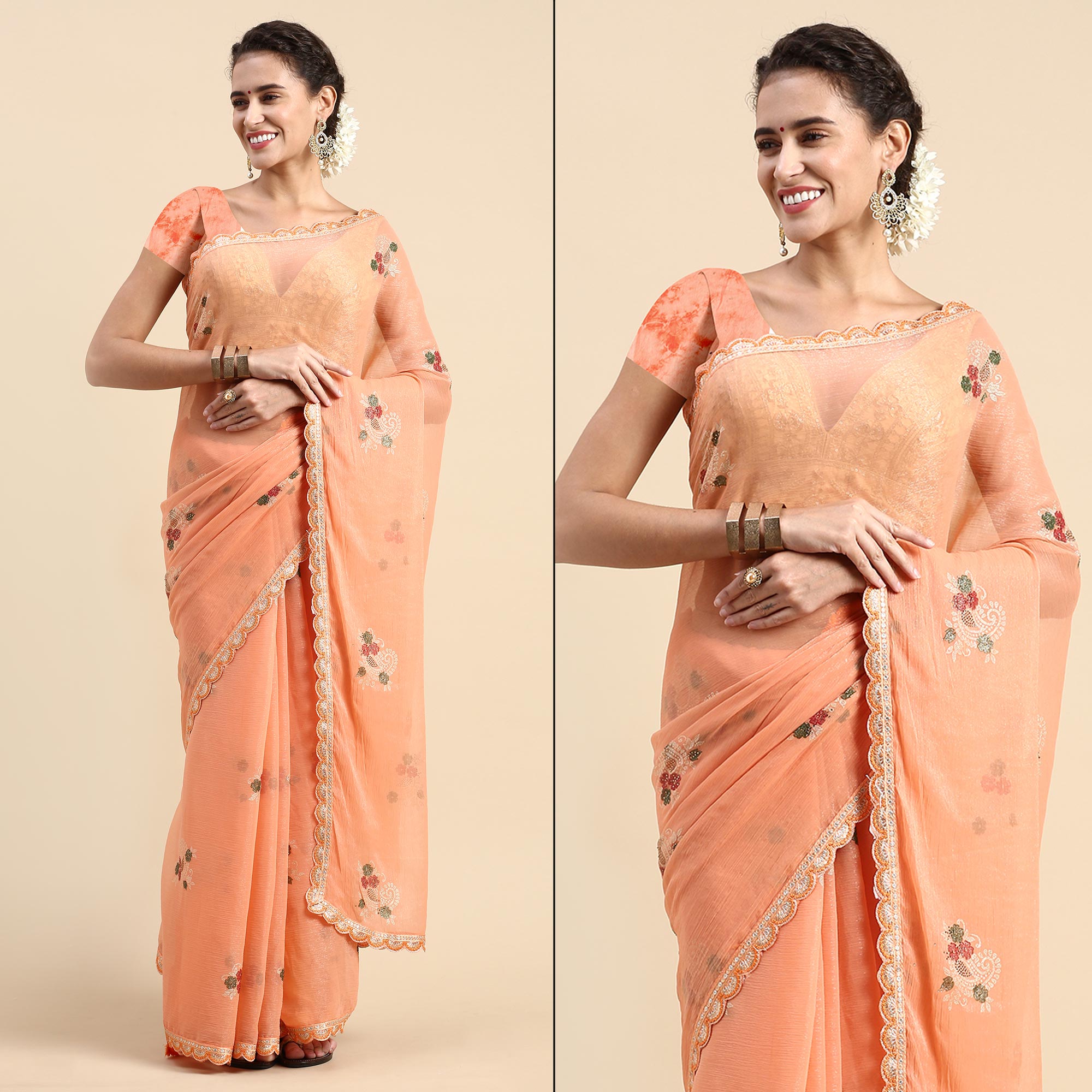 Orange Foil Printed With Swarovski Shimmer Chiffon Saree