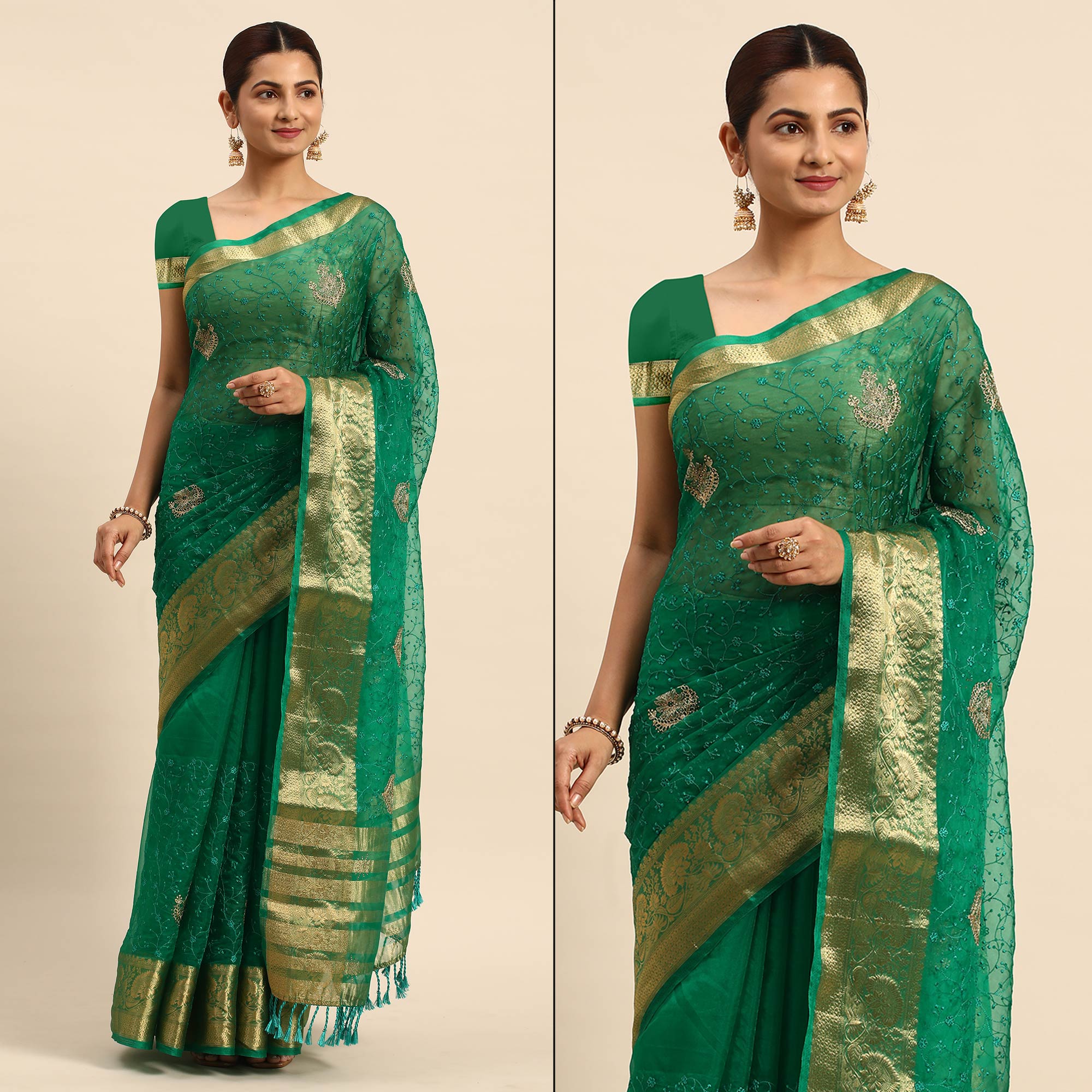 Green Floral Embroidered Organza Saree