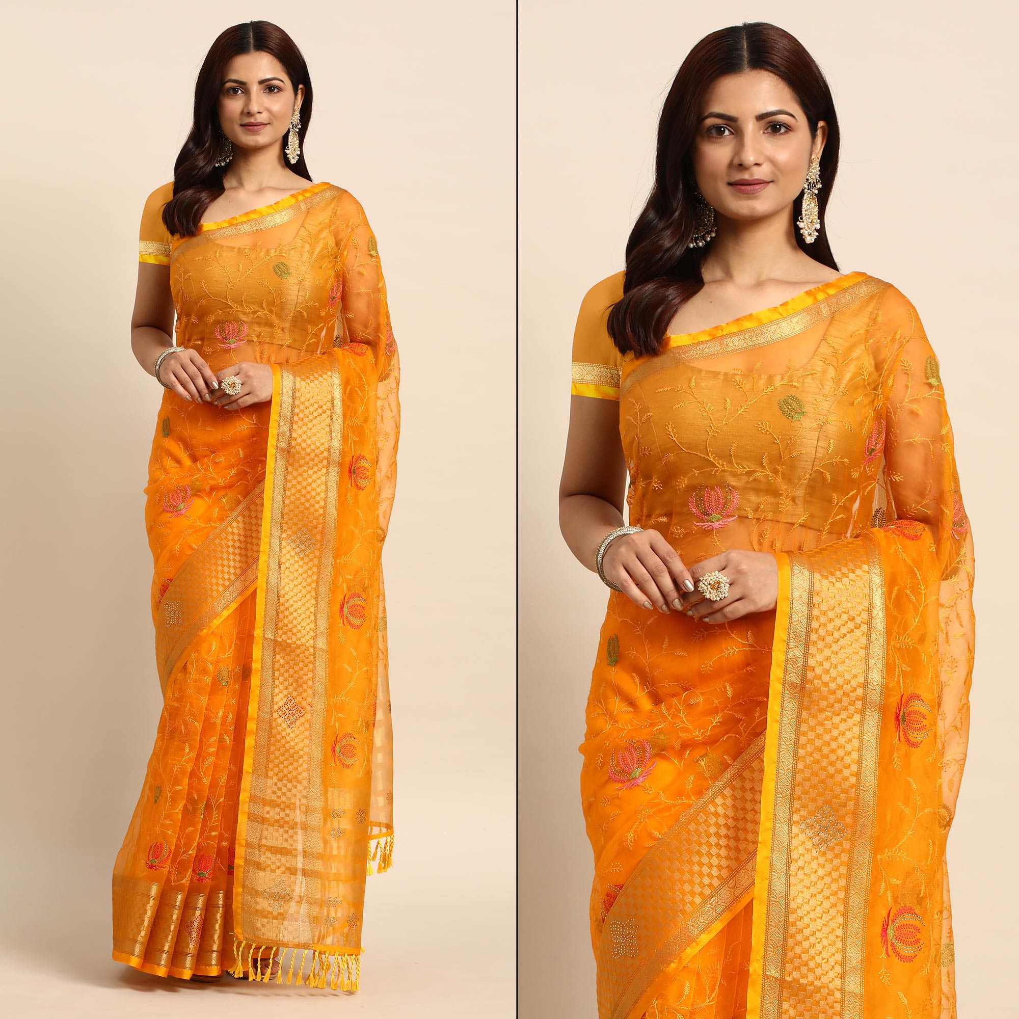 Yellow Floral Embroidered Organza Saree