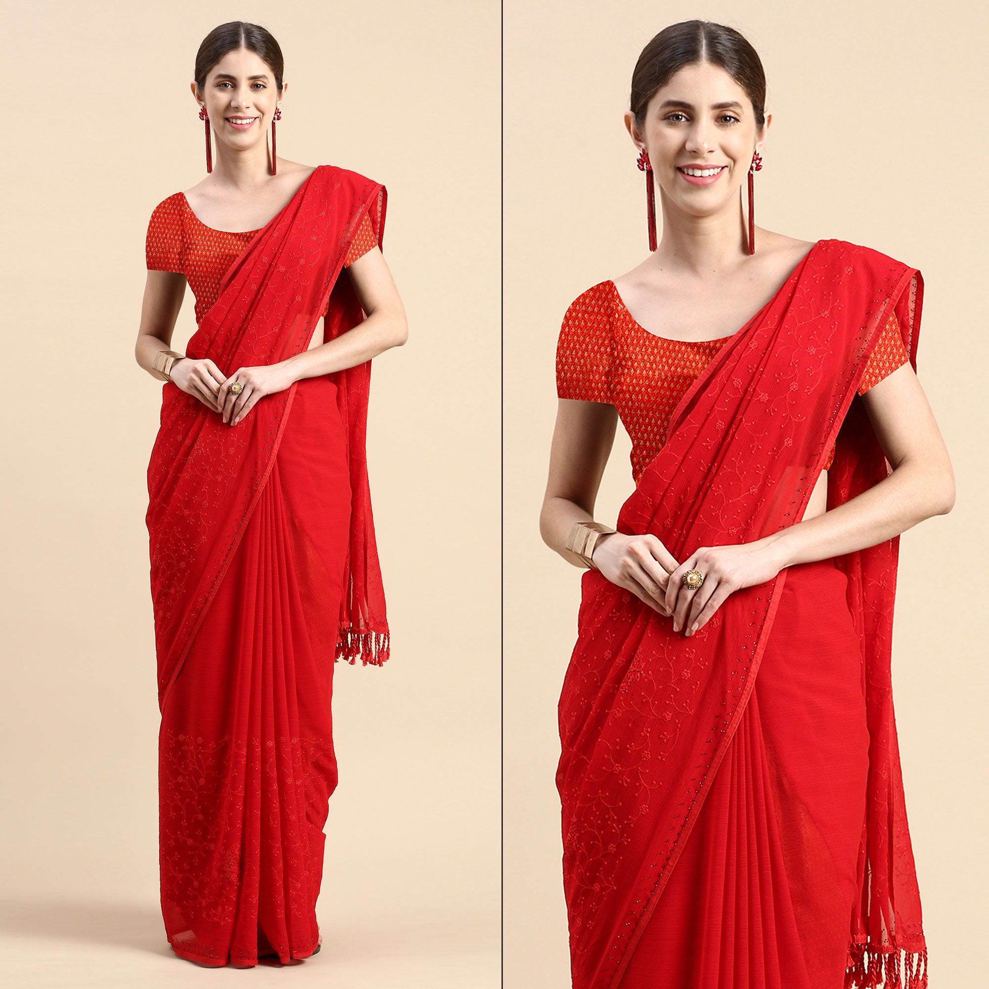 Red Floral Embroidered Zomato Silk Saree