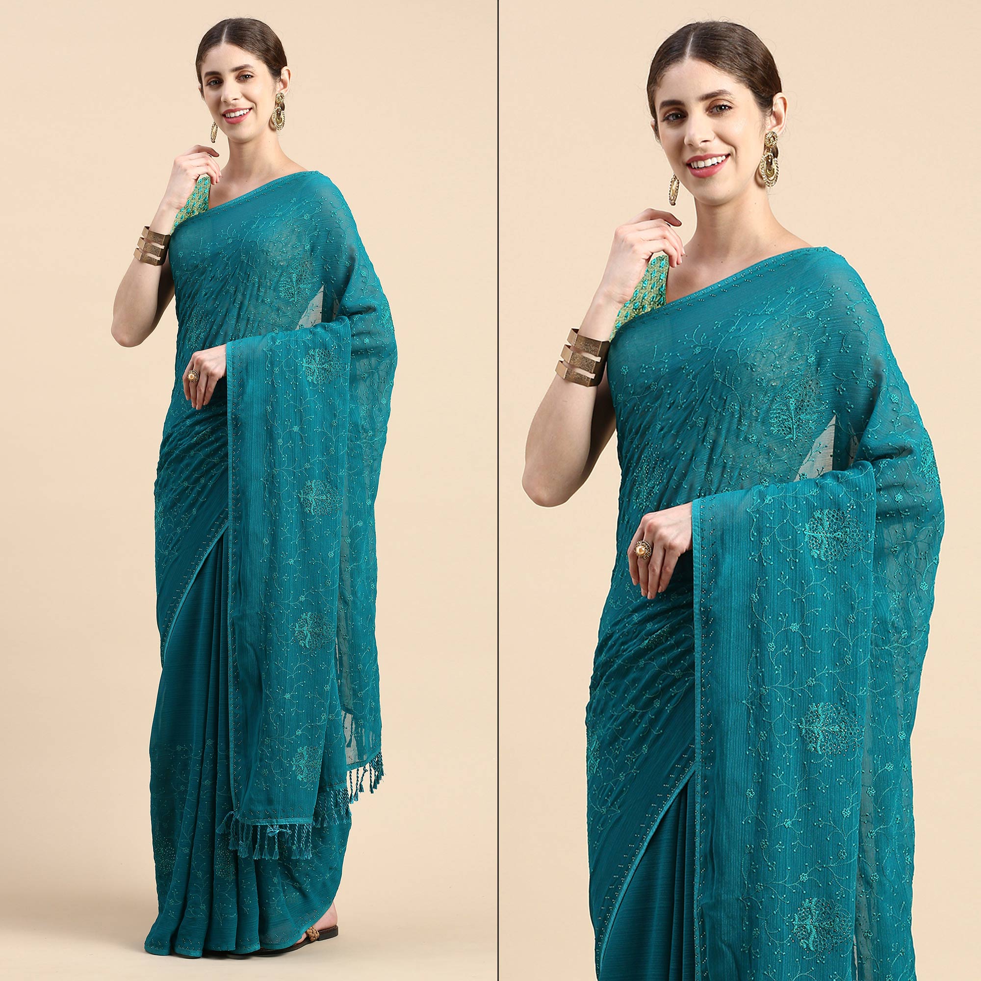 Turquoise Green Floral Embroidered Zomato Silk Saree