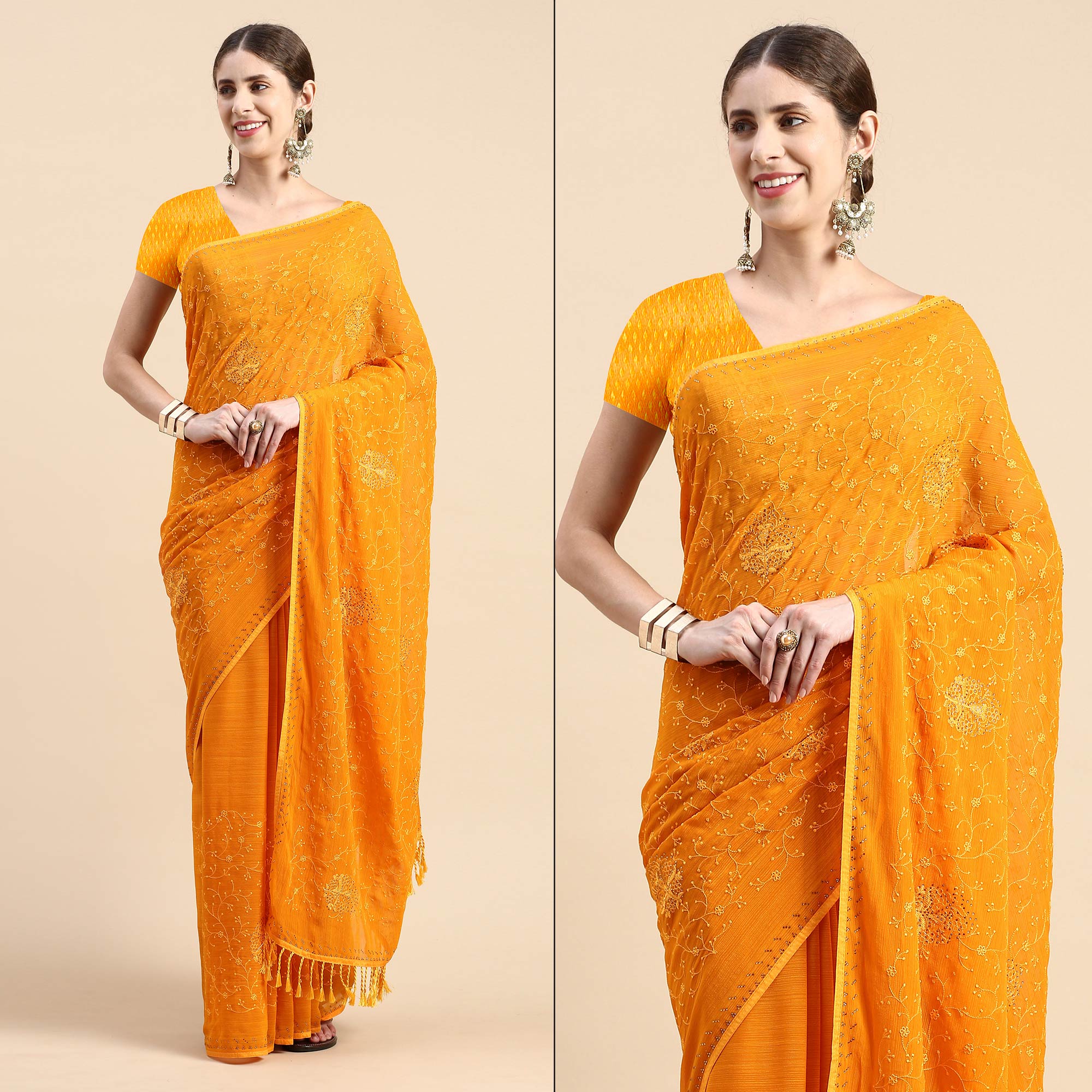 Yellow Floral Embroidered Zomato Silk Saree